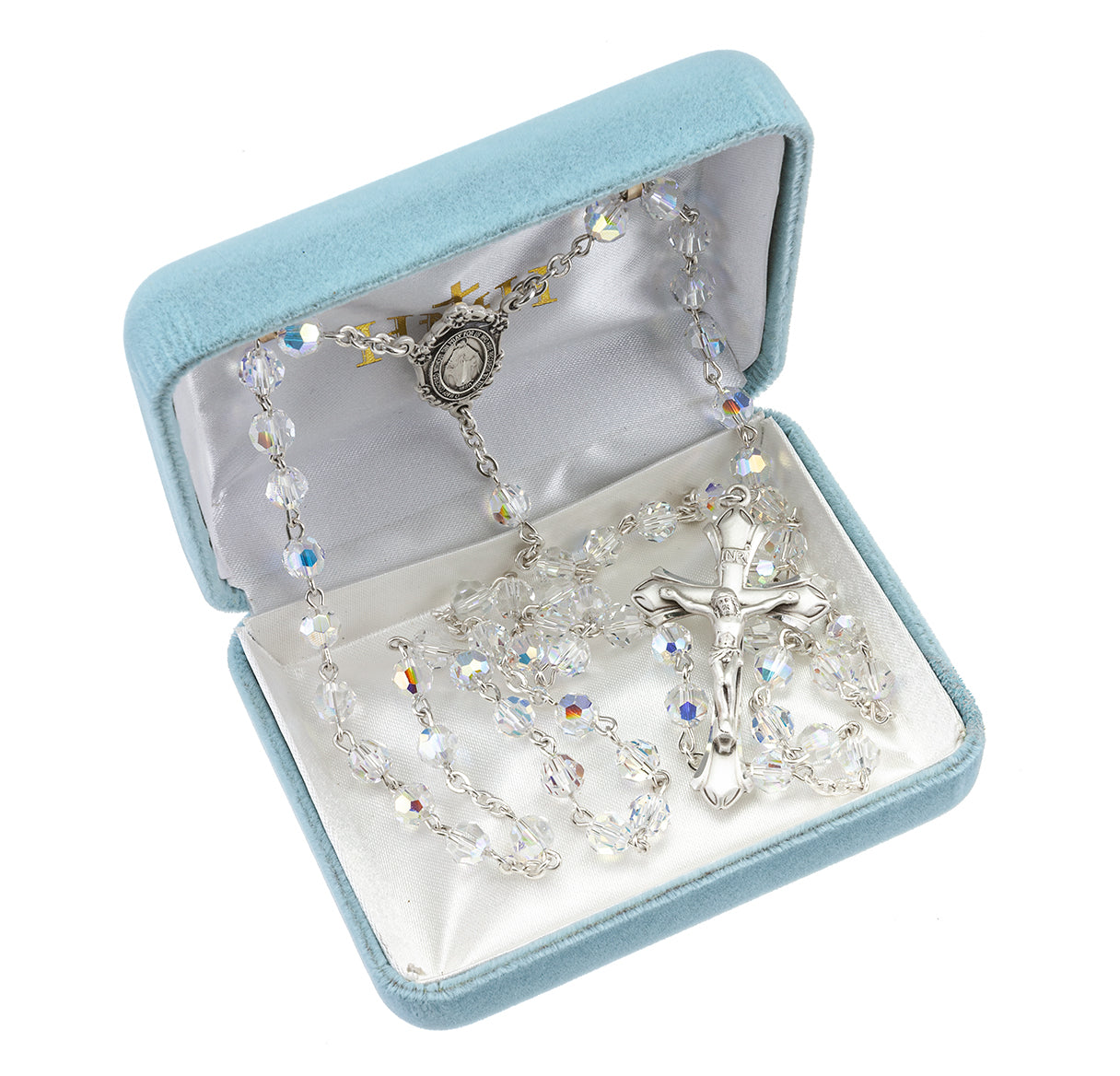 Rosary Sterling Crucifix and Centerpiece Created with Crystals by Swarovski® Austrian Crystal 6mm Faceted Round Aurora Borealis Beads by HMH