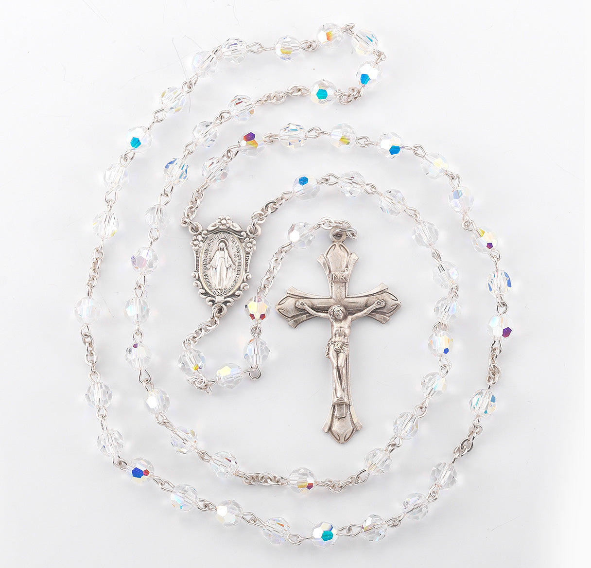 Rosary Sterling Crucifix and Centerpiece Created with Crystals by Swarovski® Austrian Crystal 6mm Faceted Round Aurora Borealis Beads by HMH