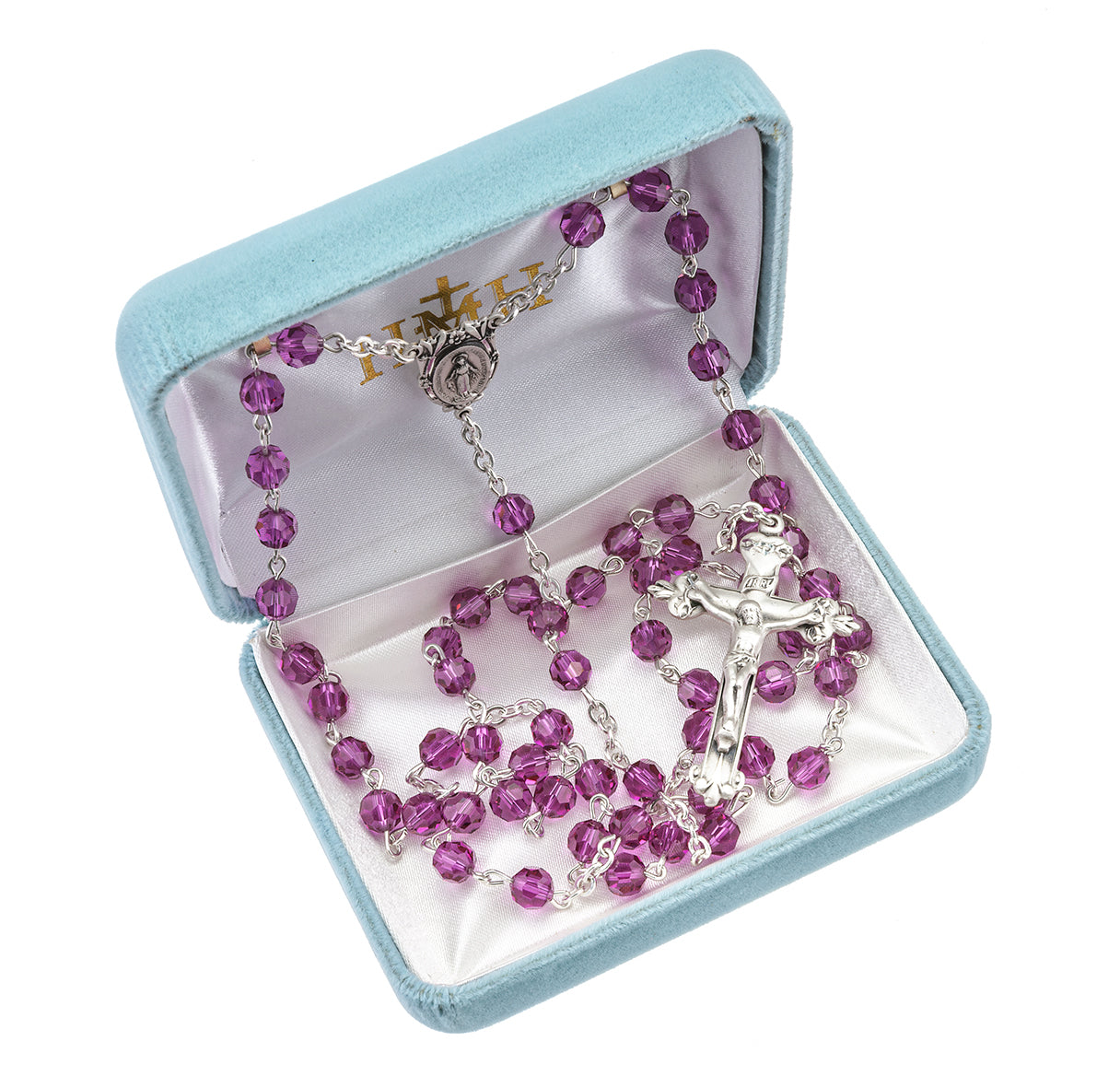 Rosary Sterling Crucifix and Centerpiece Created with finest Austrian Crystal 6mm Faceted Round Fuchsia Beads by HMH
