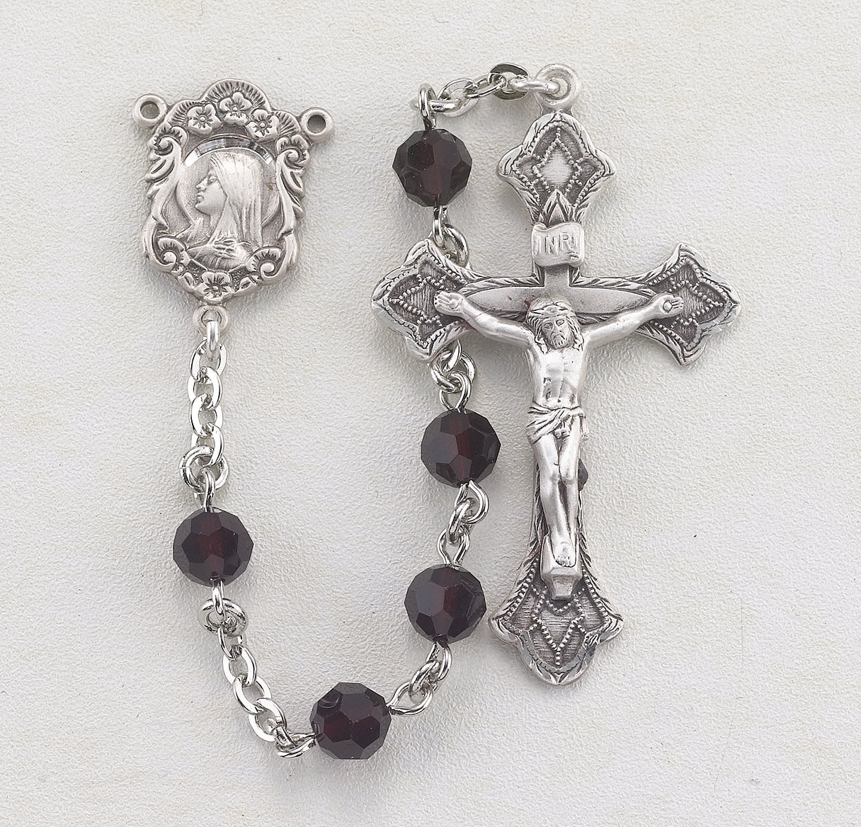6mm Finest Crystal Garnet Rosary w/Sterling Ctr & Cfx-(79/154)-Bxd