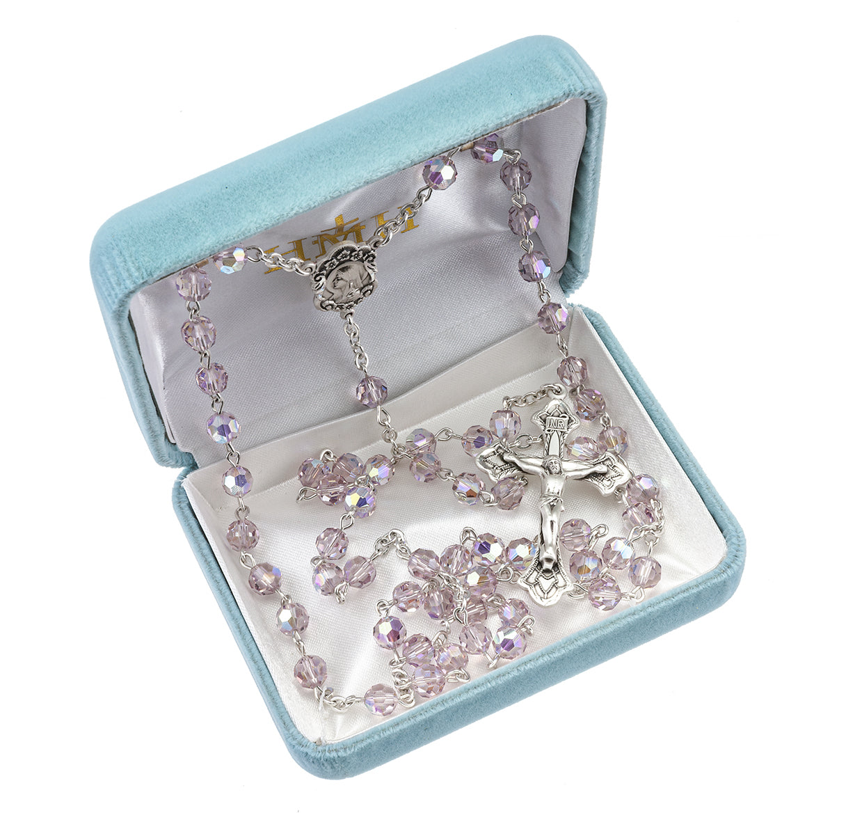 Rosary Sterling Crucifix and Centerpiece Created with finest Austrian Crystal 6mm Faceted Round Light Amethyst Beads by HMH