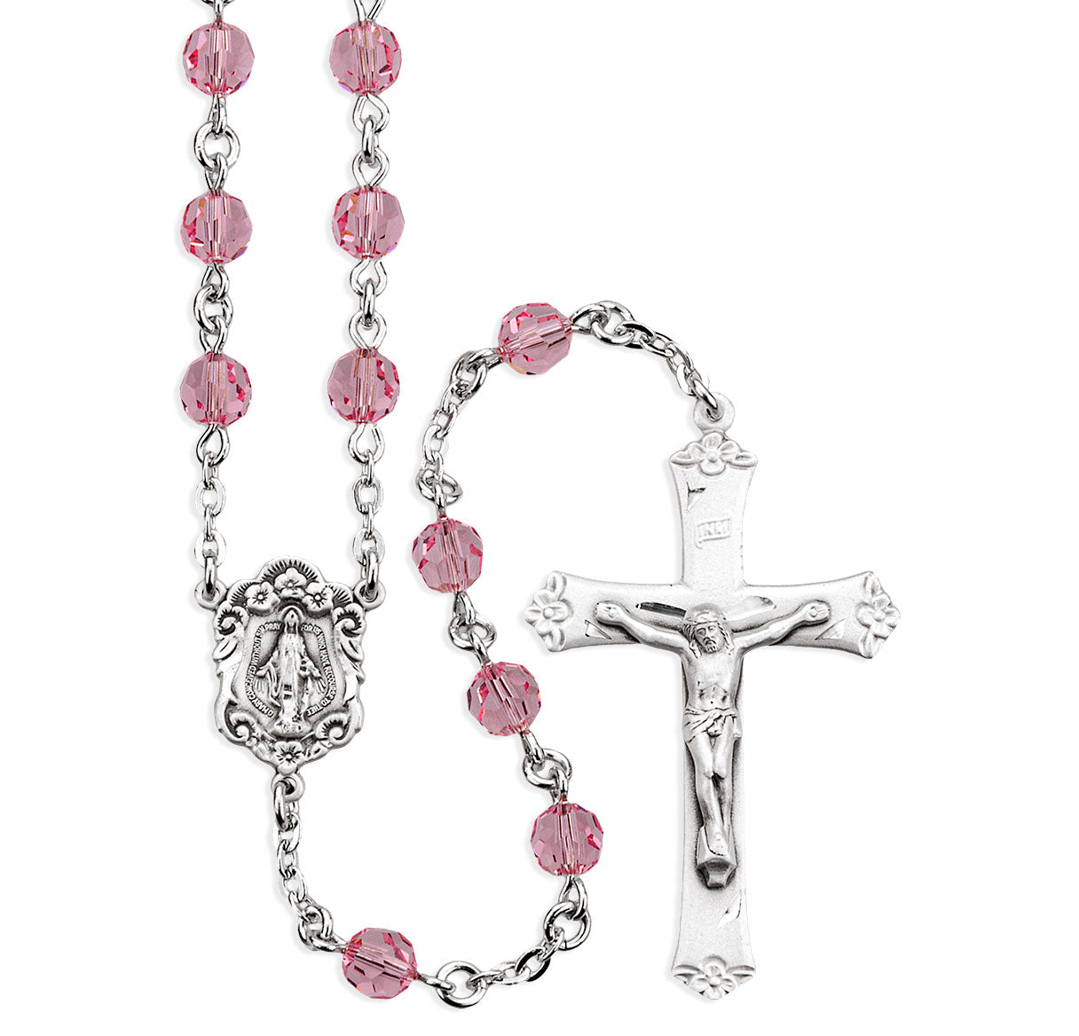 6mm Finest Crystal Light Rose Rosary w/Sterling Silver Ctr & Cfx-(73/145)-Bxd