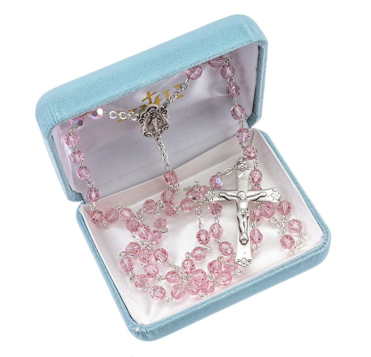 6mm Finest Crystal Light Rose Rosary w/Sterling Silver Ctr & Cfx-(73/145)-Bxd