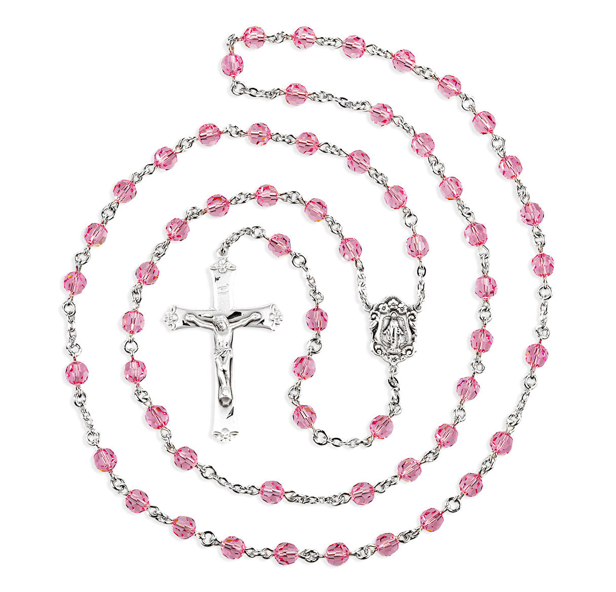 6mm Finest Crystal Light Rose Rosary w/Sterling Silver Ctr & Cfx-(73/145)-Bxd