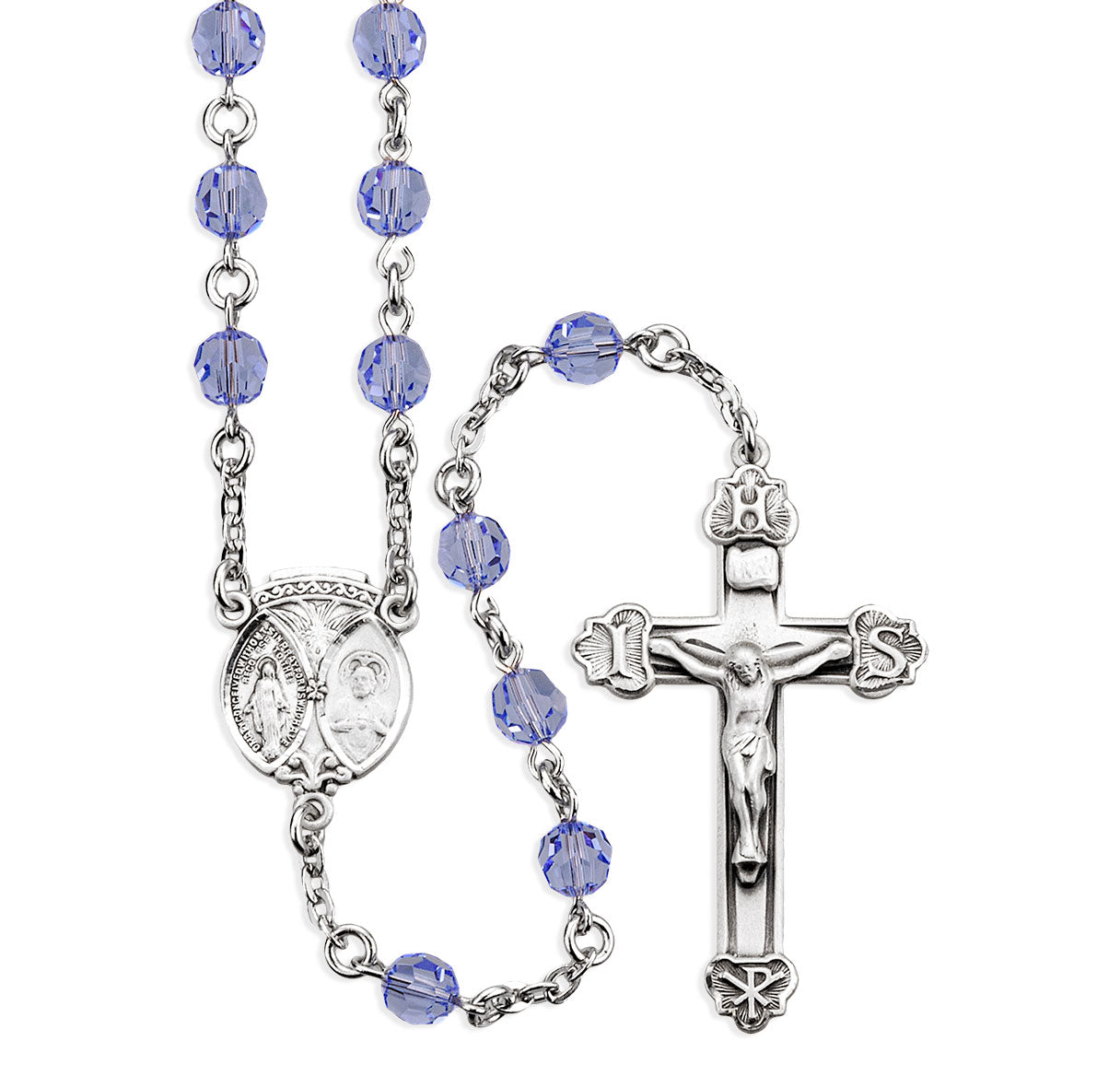 6mm Finest Crystal Light Sapphire Rosary w/Sterling Siver Ctr & Cfx-(33/151)-Bxd