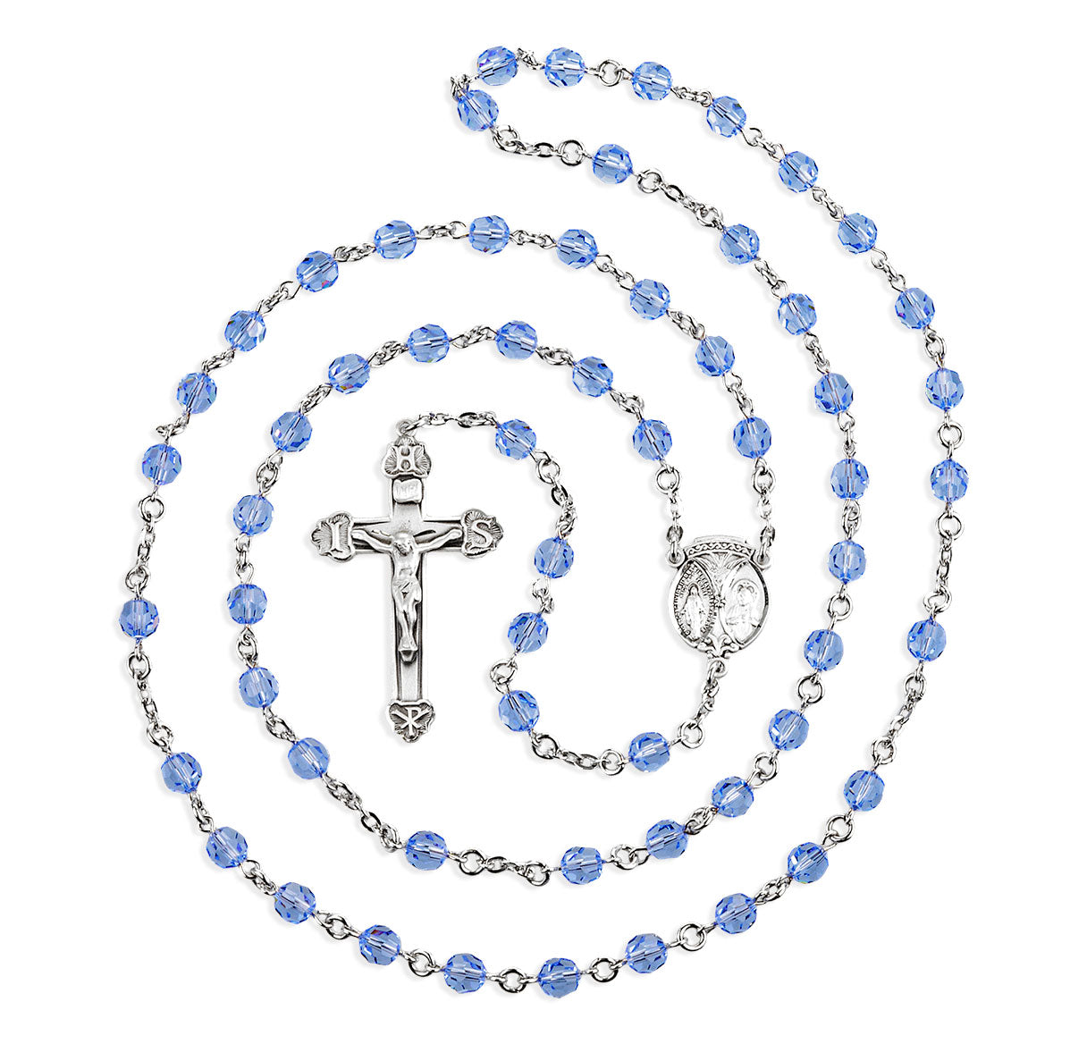 6mm Finest Crystal Light Sapphire Rosary w/Sterling Siver Ctr & Cfx-(33/151)-Bxd