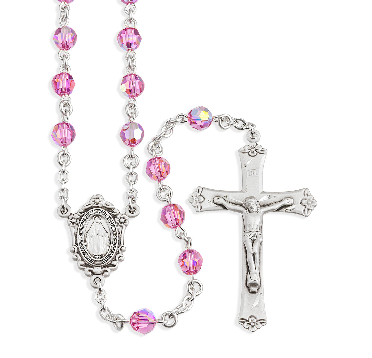 Rosary Sterling Crucifix and Centerpiece Created with Crystals by Swarovski® Austrian Crystal 6mm Faceted Round Pink Beads by HMH