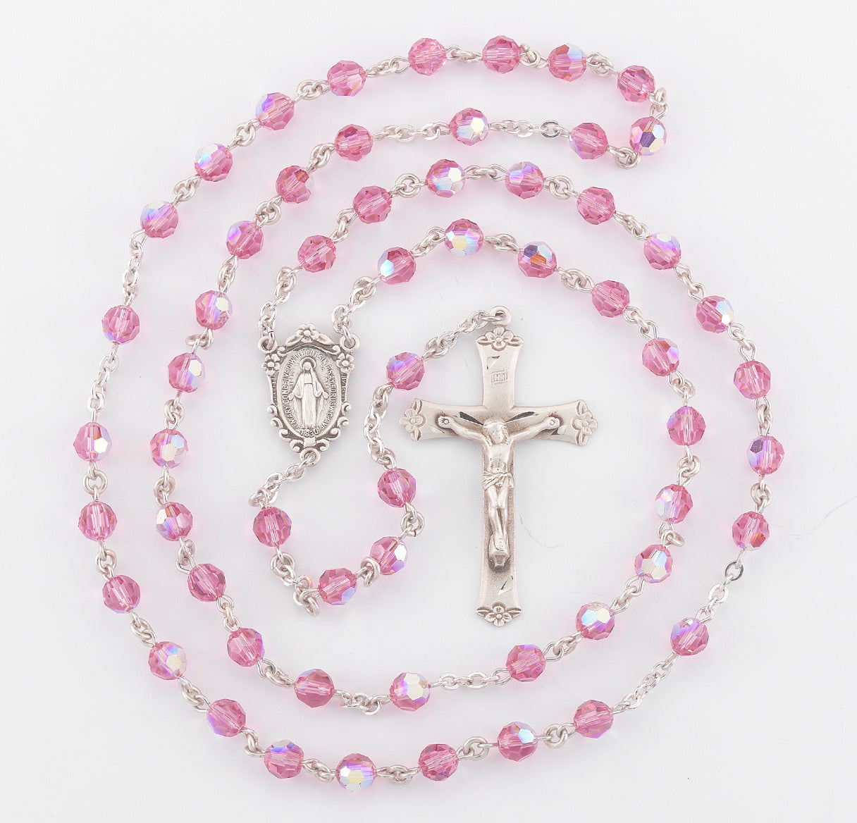 Rosary Sterling Crucifix and Centerpiece Created with Crystals by Swarovski® Austrian Crystal 6mm Faceted Round Pink Beads by HMH