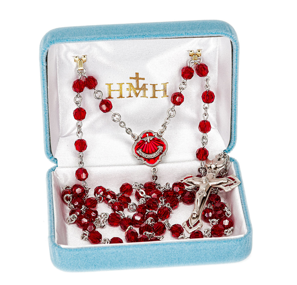 6mm Round Ruby Finest Crystal  Confitmation Rosary W/ Red Epoxy Sterling Silver Crucifix & Center-( 381RD/163RD)-Bxd