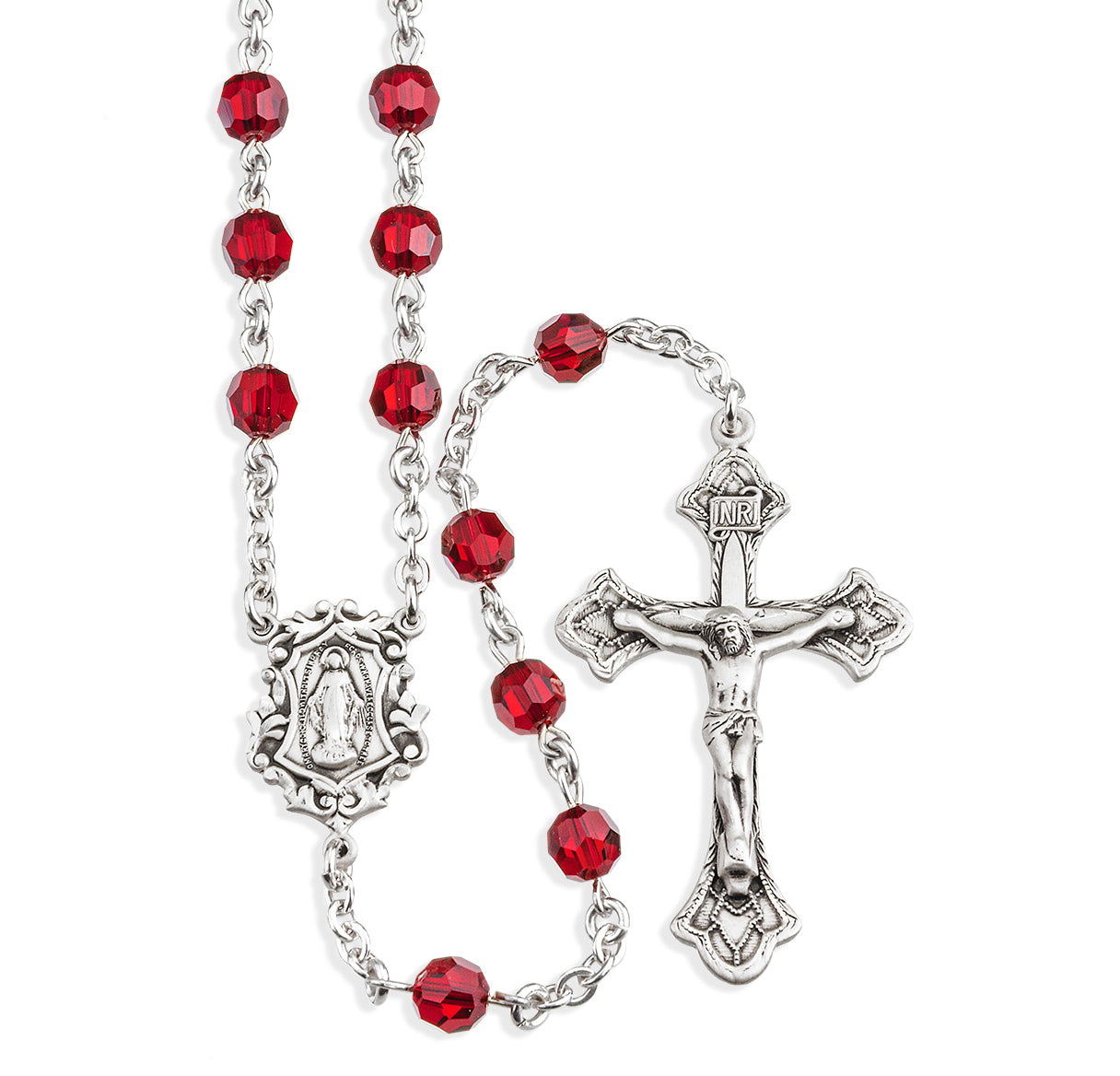 Rosary Sterling Crucifix and Centerpiece Created with Crystals by Swarovski® Austrian Crystal 6mm Faceted Round Ruby Beads by HMH