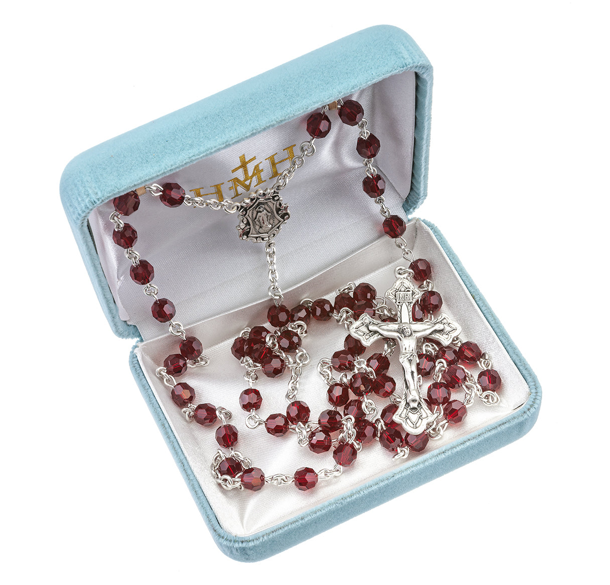 Rosary Sterling Crucifix and Centerpiece Created with Crystals by Swarovski® Austrian Crystal 6mm Faceted Round Ruby Beads by HMH