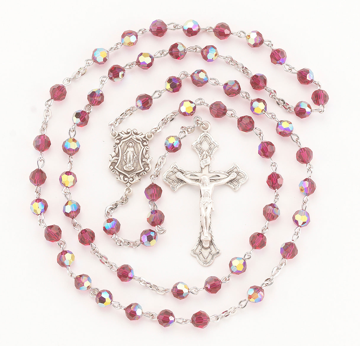 Rosary Sterling Crucifix and Centerpiece Created with Crystals by Swarovski® Austrian Crystal 6mm Faceted Round Ruby Beads by HMH
