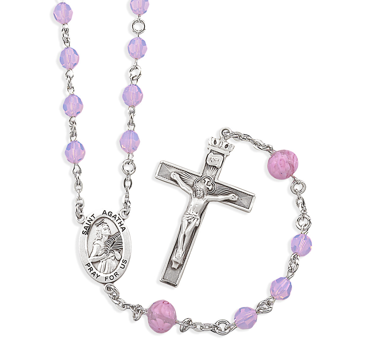 6mm Finest Pink Opal St. Agatha Rosary W/ 8mm Pink Rose O.F. Beads & Sterling Silver Ctr & Cfx-(402/182)-Bxd