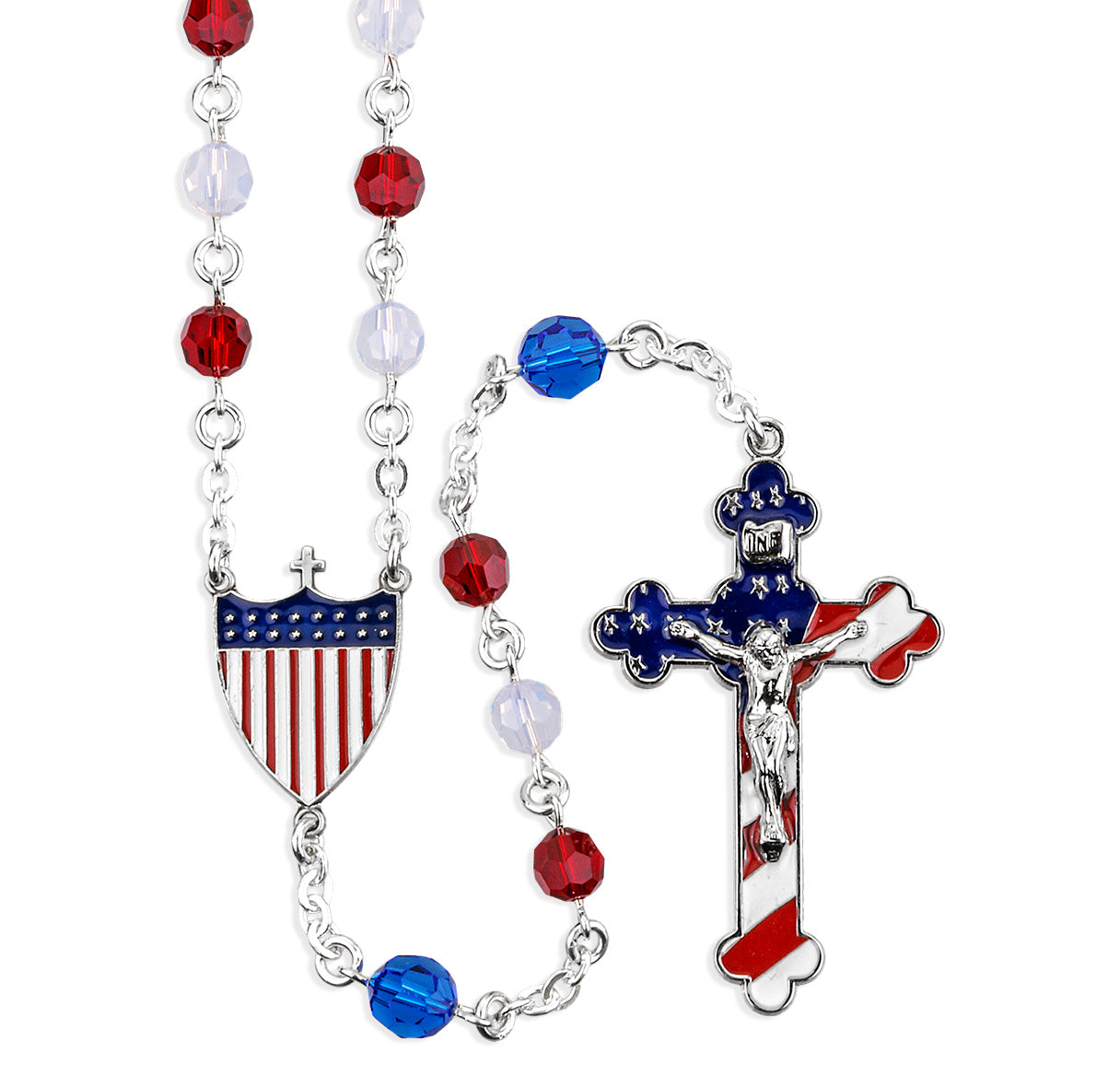 USA Patriotic Rosary W/ 6mm Crystals by Swarovski® Red White & 7mm Blue Crystal Beads O.F. Beads W/American Flag Ctr & Cfx-(S399/S199)-Bxd