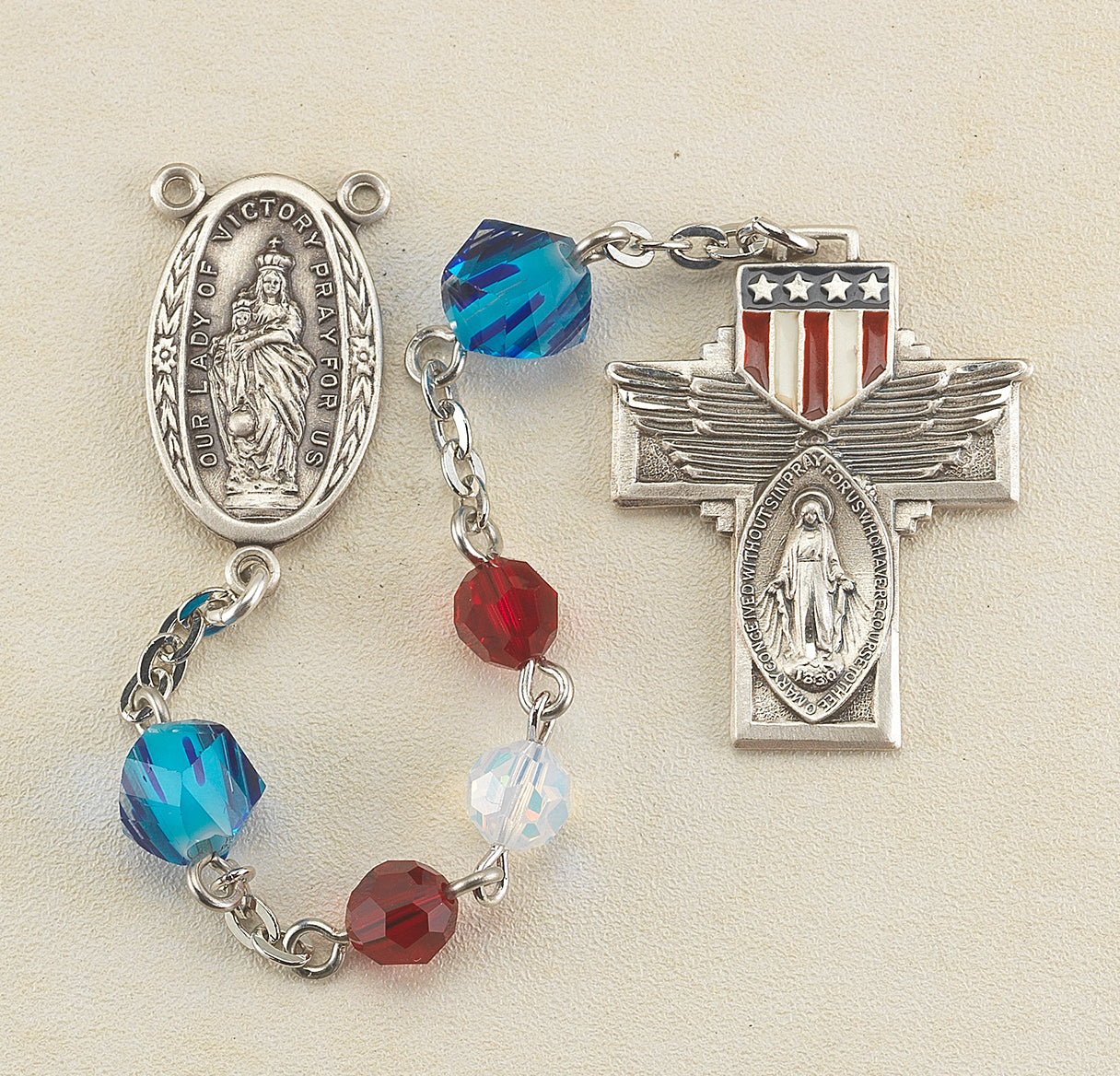 USA Patriotic Rosary W/ 6mm Finest Red White & 7mm Blue Crystal Beads O.F. Beads W/American Flag Ctr & Cfx-(S399/S199)-Bxd