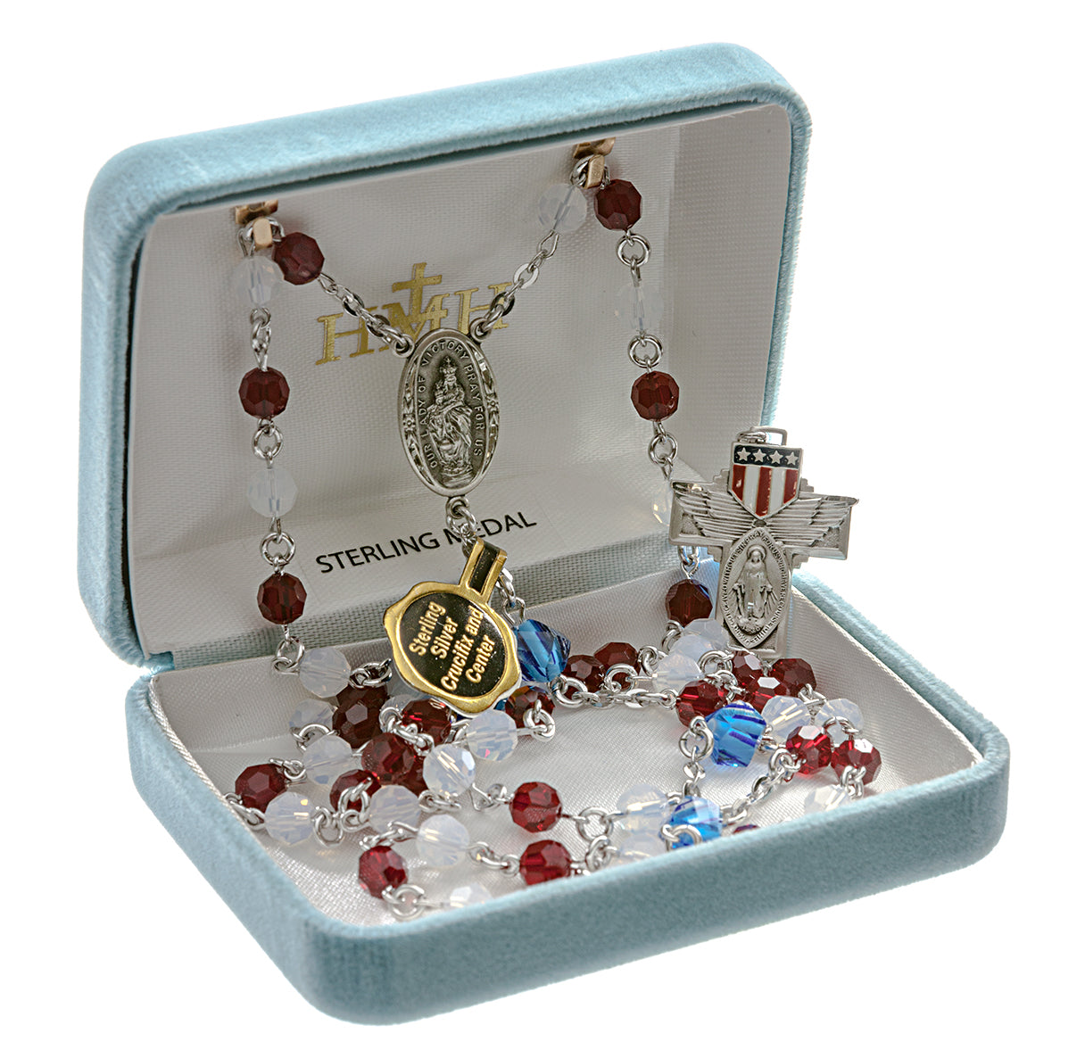 USA Patriotic Rosary W/ 6mm Finest Red White & 7mm Blue Crystal Beads O.F. Beads W/American Flag Ctr & Cfx-(S399/S199)-Bxd