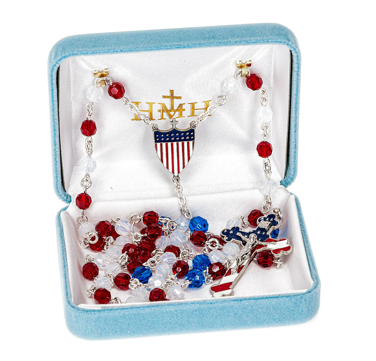 USA Patriotic Rosary W/ 6mm Crystals by Swarovski® Red White & 7mm Blue Crystal Beads O.F. Beads W/American Flag Ctr & Cfx-(S399/S199)-Bxd