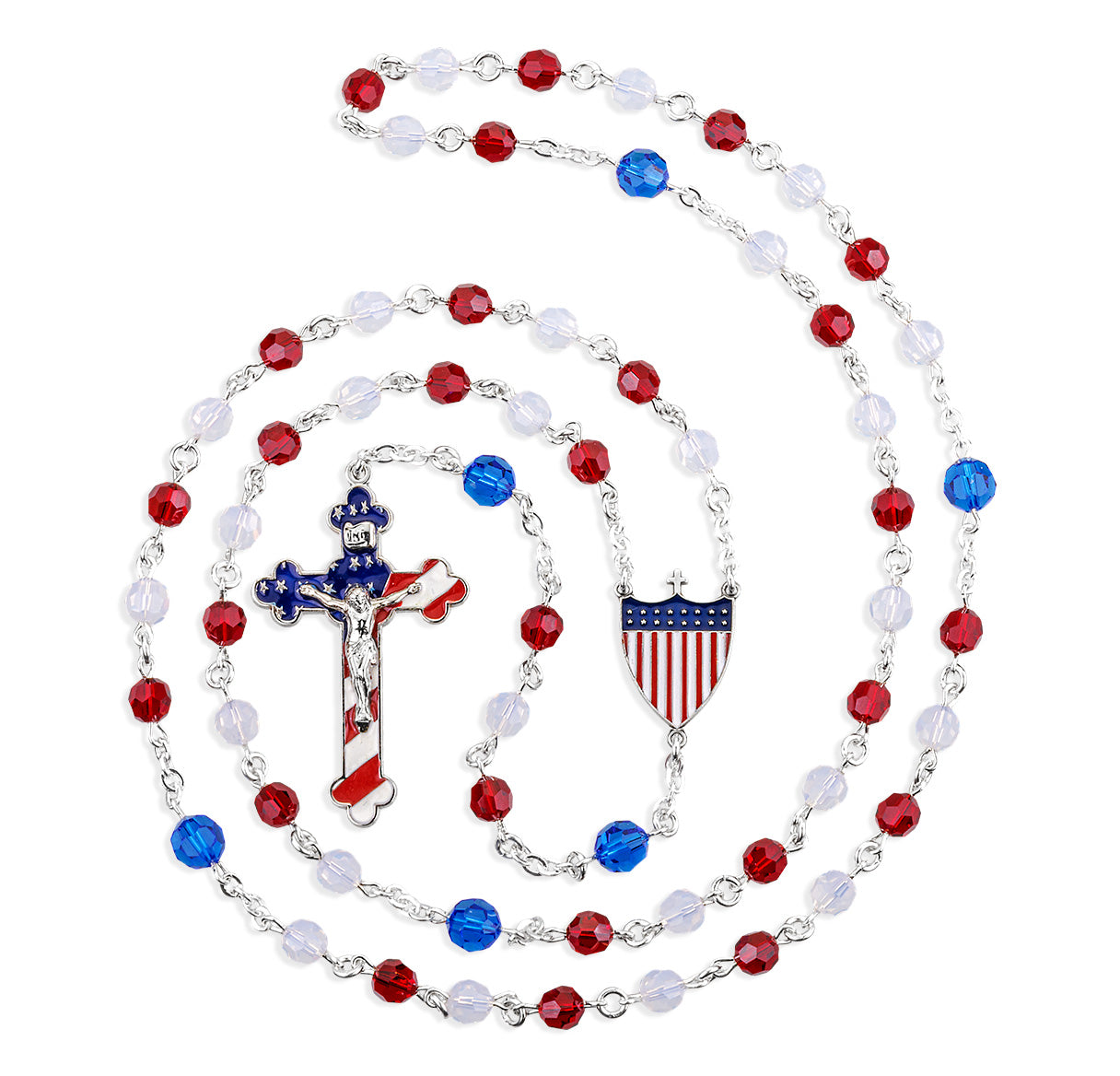 USA Patriotic Rosary W/ 6mm Crystals by Swarovski® Red White & 7mm Blue Crystal Beads O.F. Beads W/American Flag Ctr & Cfx-(S399/S199)-Bxd