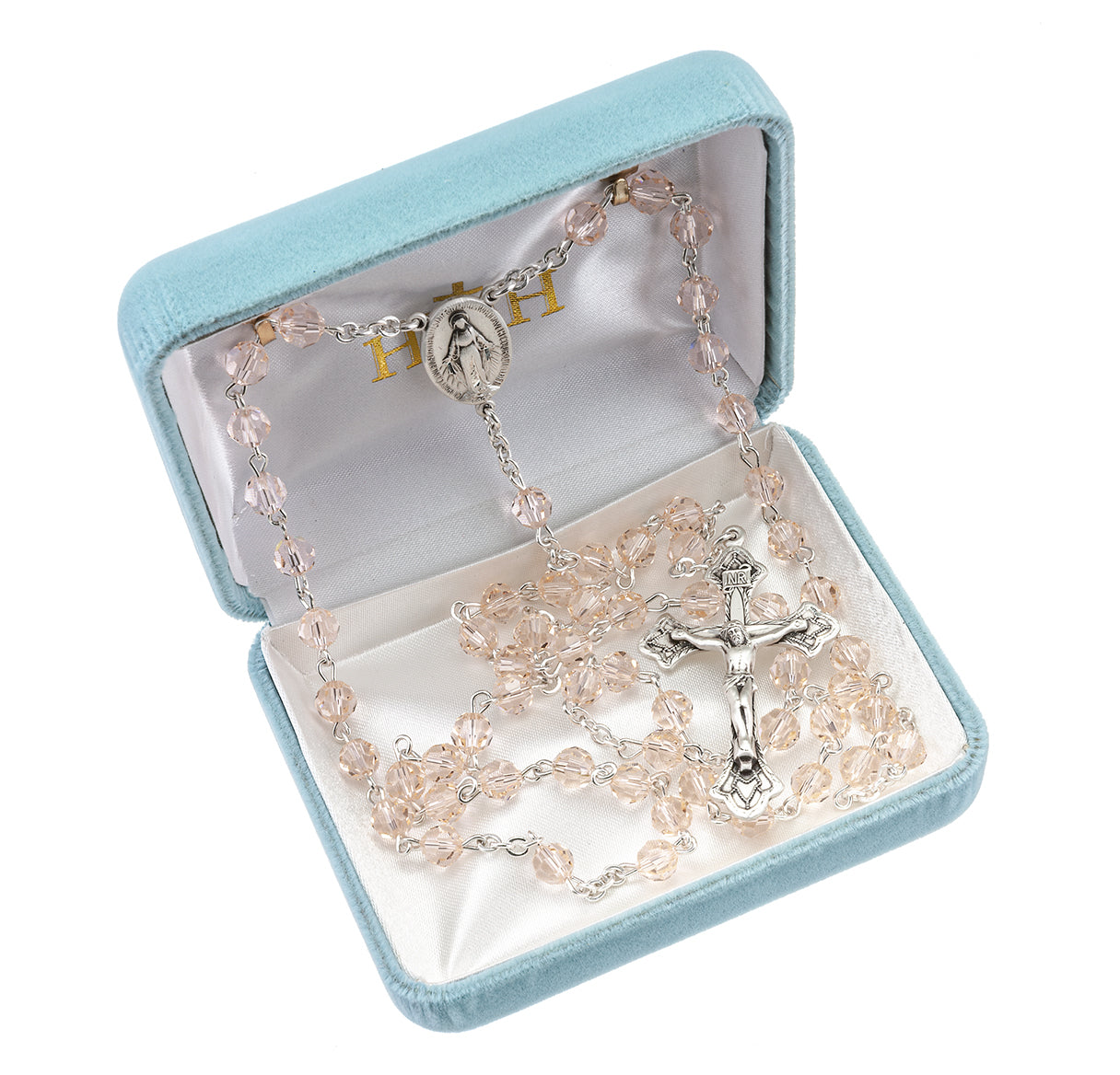 Rosary Sterling Crucifix and Centerpiece Created with Crystals by Swarovski® Austrian Crystal 6mm Faceted Round Silk Beads by HMH