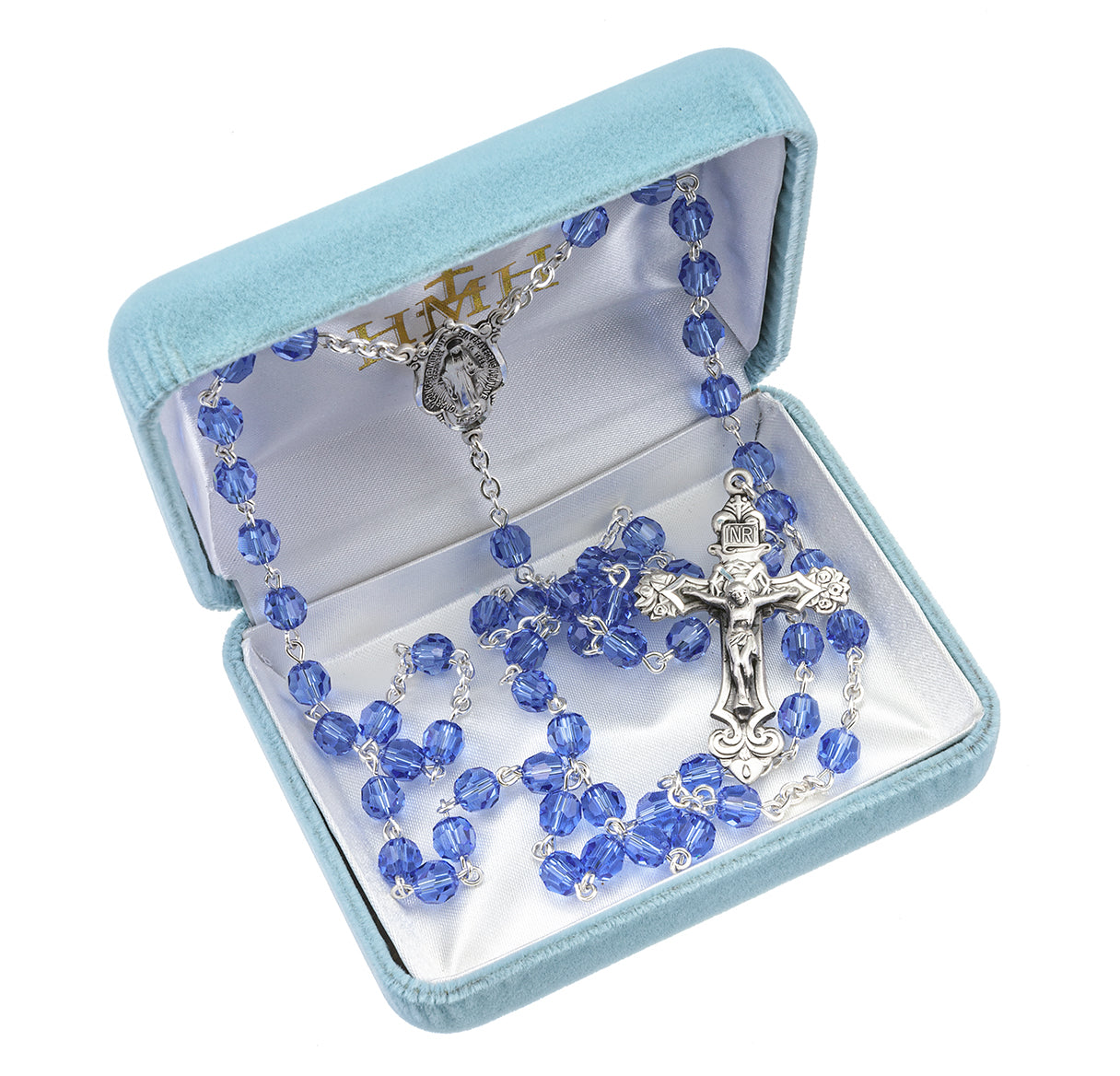 Rosary Sterling Crucifix and Centerpiece Created with Crystals by Swarovski® Austrian Crystal 6mm Faceted Round Sapphire Beads by HMH