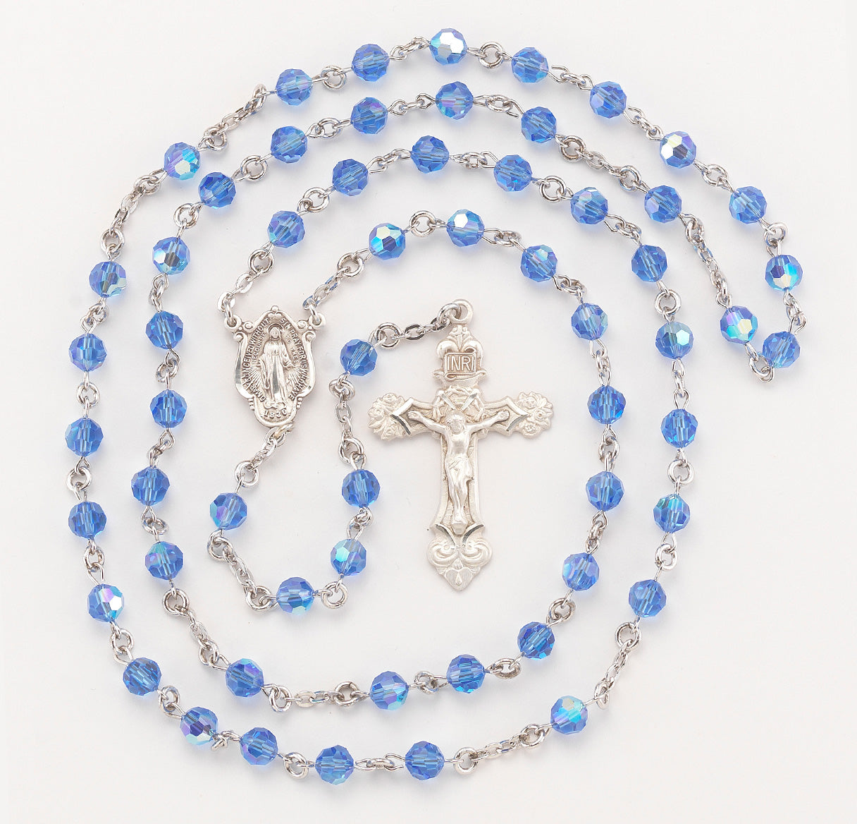 Rosary Sterling Crucifix and Centerpiece Created with Crystals by Swarovski® Austrian Crystal 6mm Faceted Round Sapphire Beads by HMH