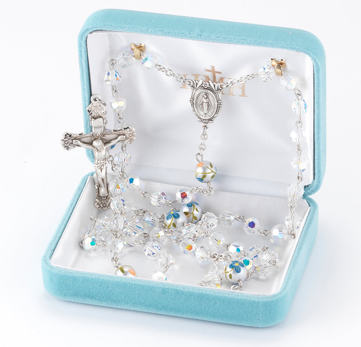 6mm Finest Crystal Rosary w/8mm Flower O.F. Beads, w/Sterling Silver Ctr & Cfx-(64/122)-Bxd