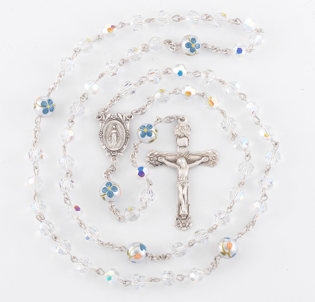 6mm Finest Crystal Rosary w/8mm Flower O.F. Beads, w/Sterling Silver Ctr & Cfx-(64/122)-Bxd