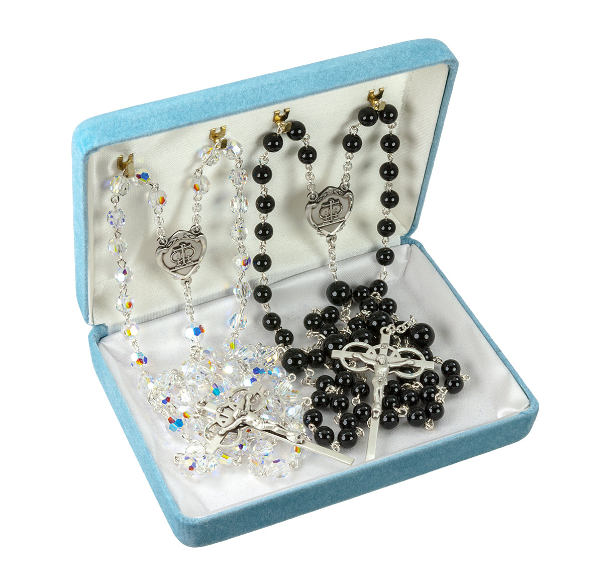6mm Finest AB Crystal & 6mm Onyx Bead Wedding Rosary Set, w/ Sterling Ctr and Cfx (47,110) and Brass Findings-Boxed