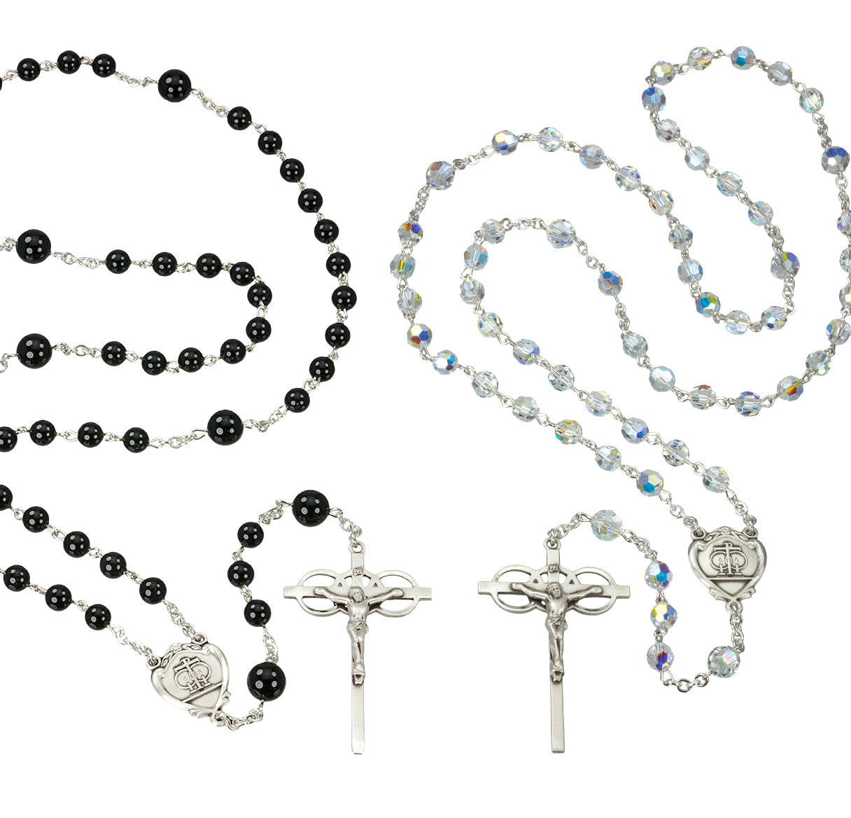 6mm Finest AB Crystal & 6mm Onyx Bead Wedding Rosary Set, w/ Sterling Ctr and Cfx (47,110) and Brass Findings-Boxed