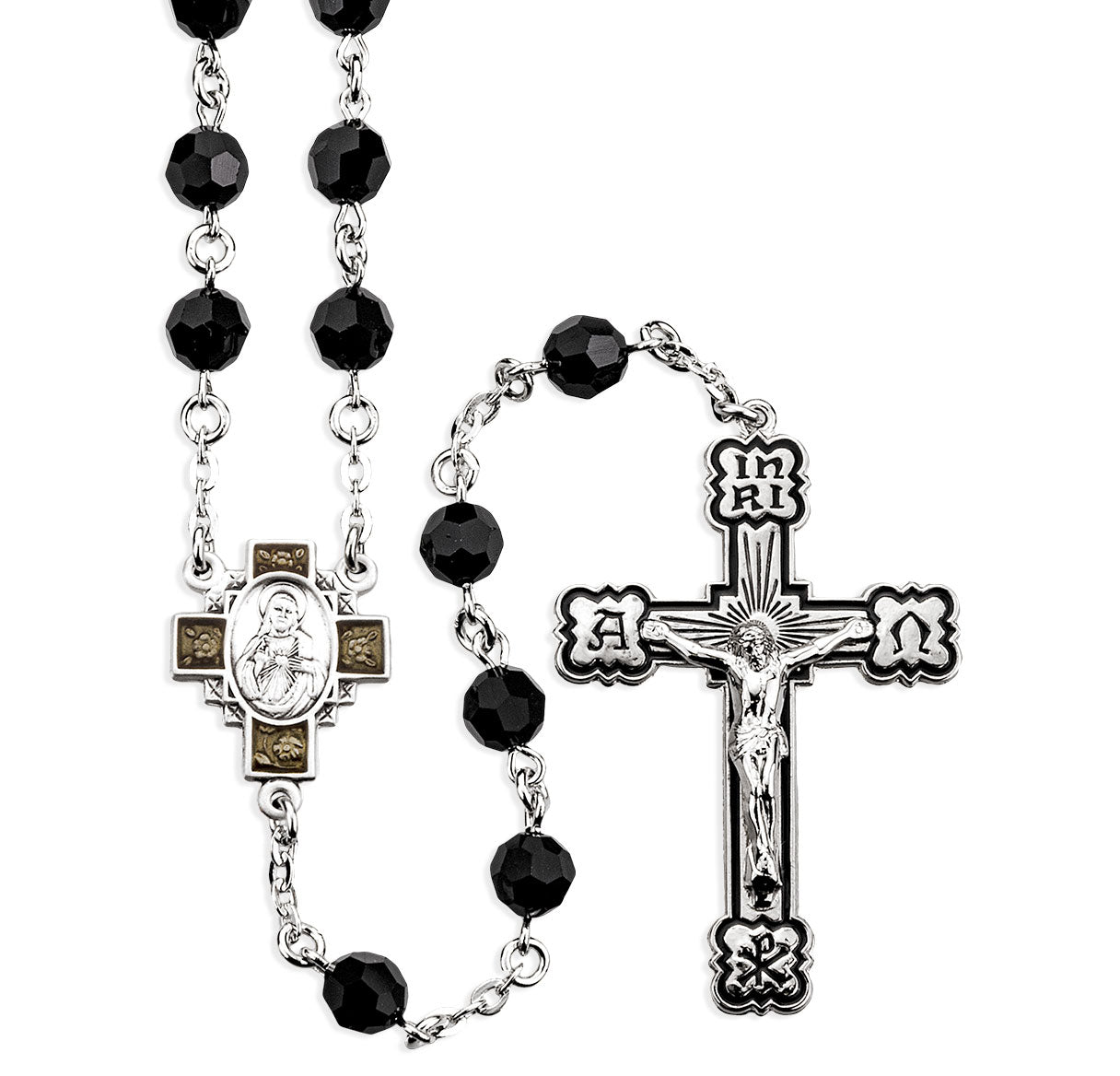 7mm Finest Jet Black Rosary w/Sterling Silver Ctr & Cfx-(45BK/104E)-Bxd