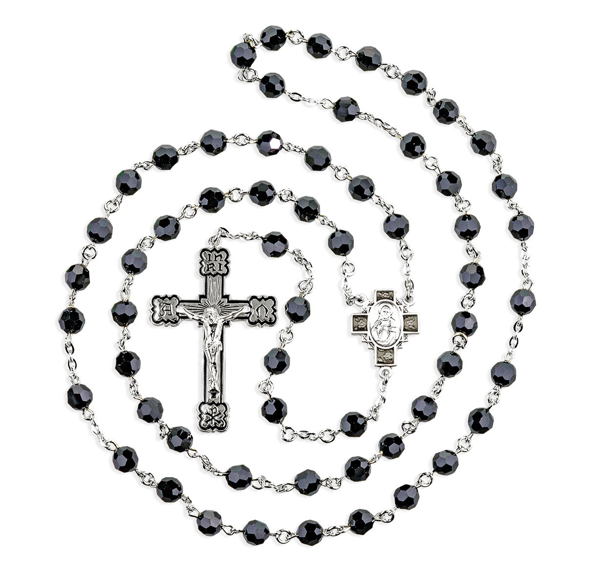 7mm Finest Jet Black Rosary w/Sterling Silver Ctr & Cfx-(45BK/104E)-Bxd