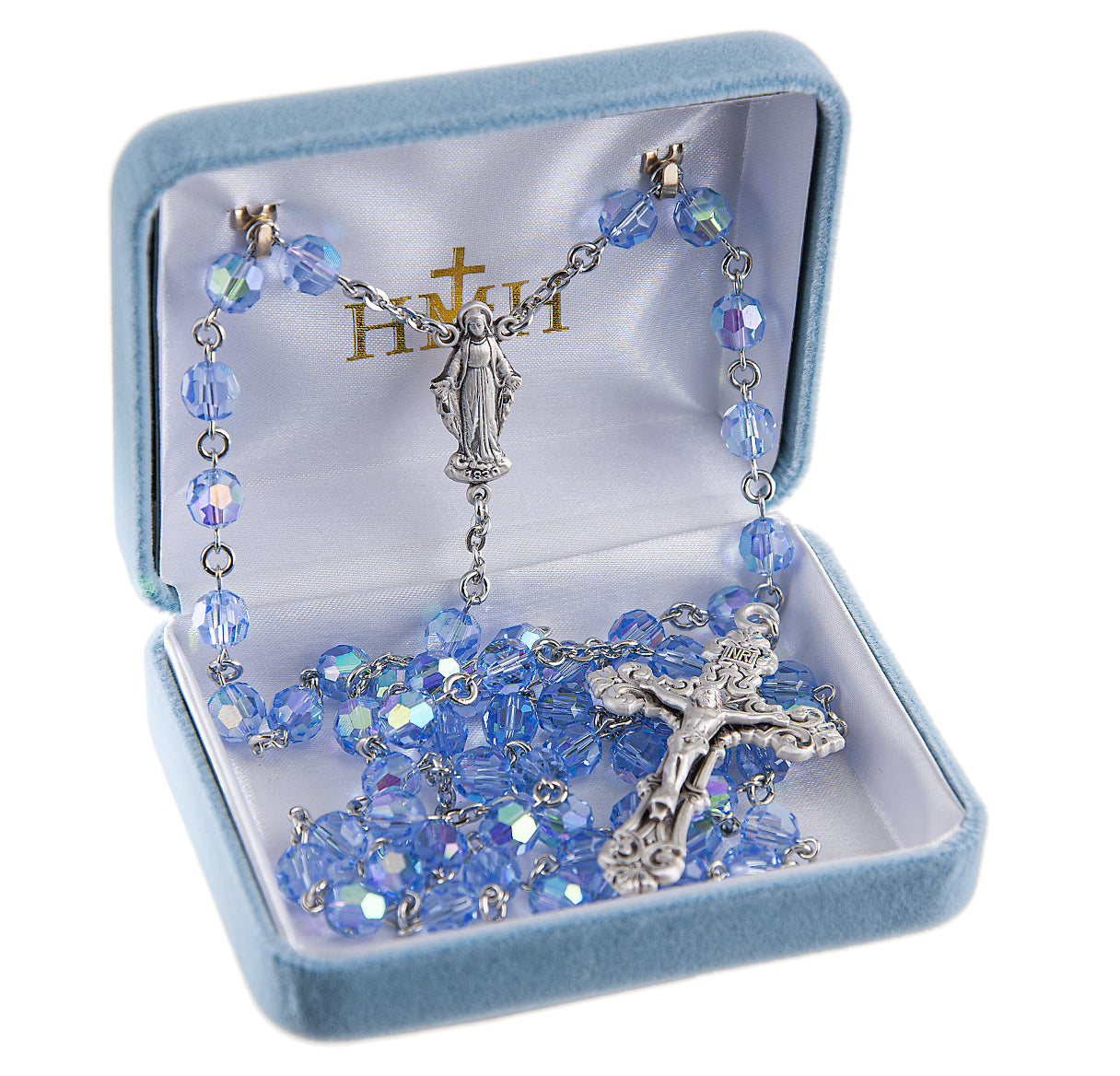 7mm Finest Light Sapphire Rosary w/Sterling Silver Ctr & Cfx-(317/156)-Bxd