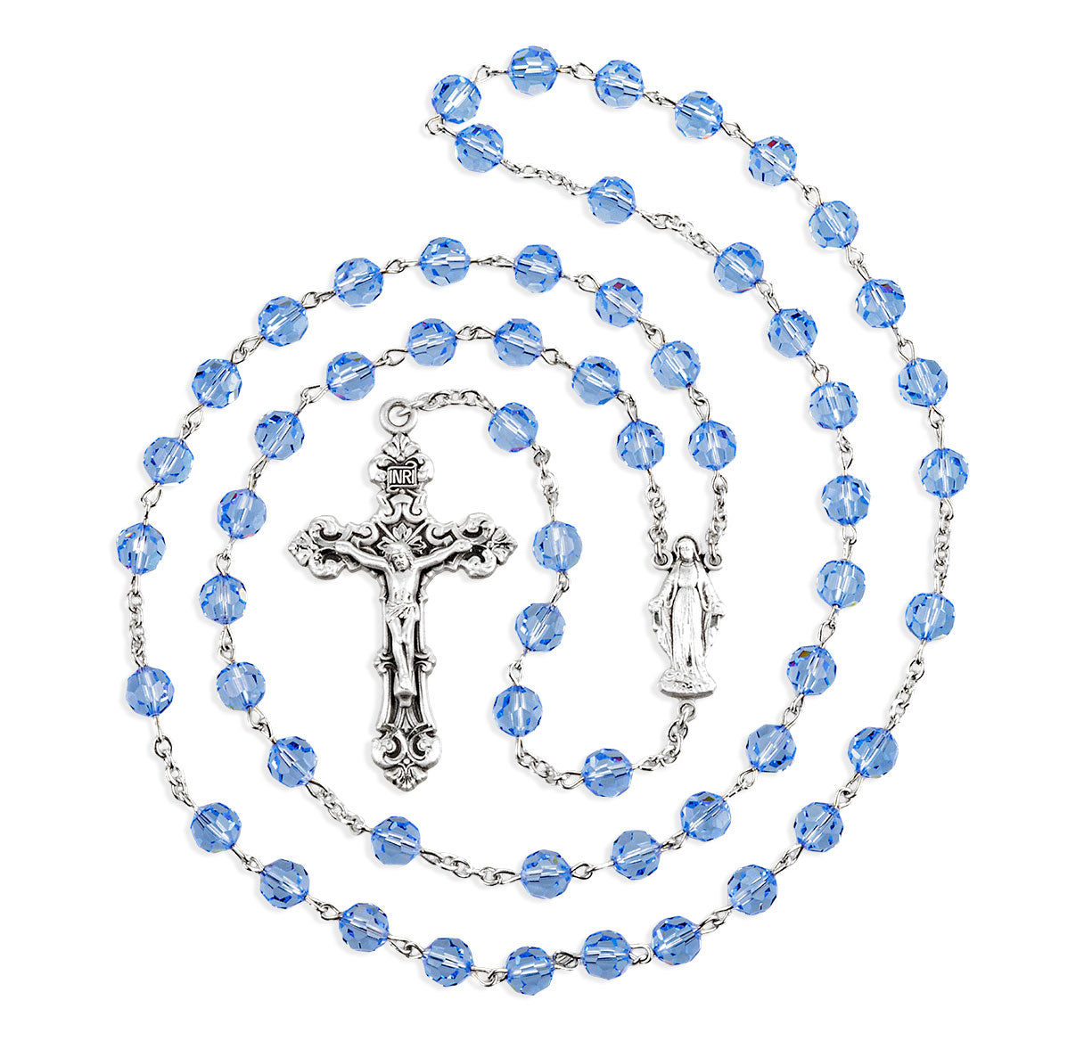 7mm Finest Light Sapphire Rosary w/Sterling Silver Ctr & Cfx-(317/156)-Bxd