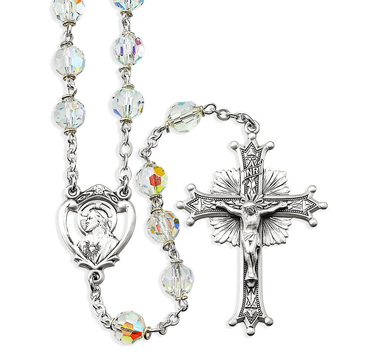USE SR607CR - 7mm Aurora Crystal Rosary w/Sterling Silver Ctr & Cfx-(52/178)-Bxd