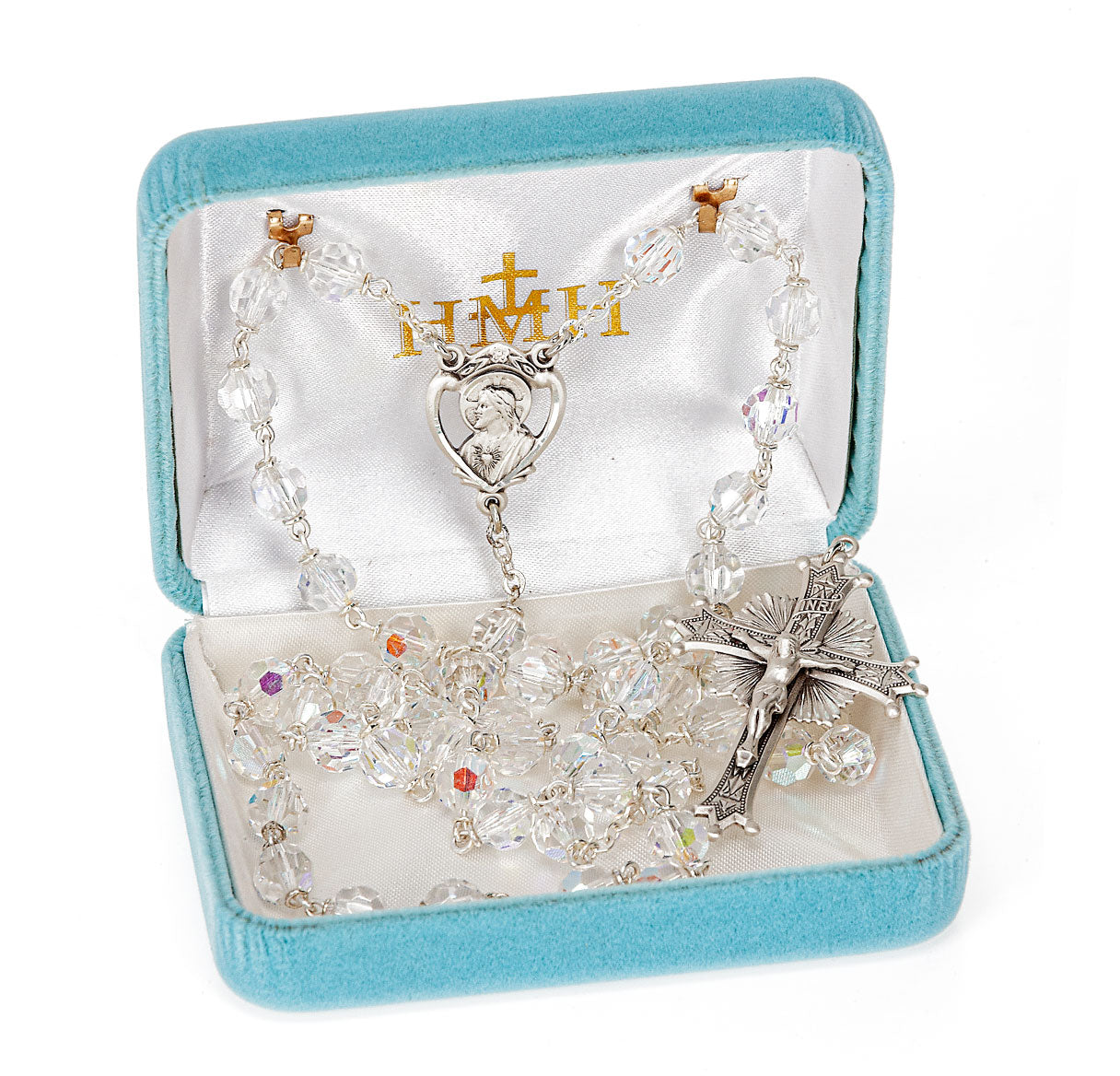USE SR607CR - 7mm Aurora Crystal Rosary w/Sterling Silver Ctr & Cfx-(52/178)-Bxd