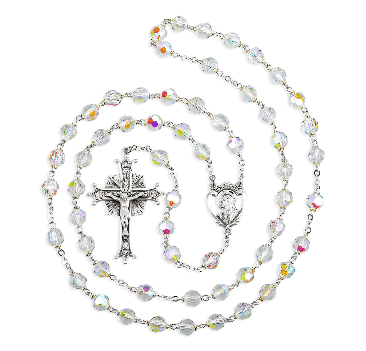 USE SR607CR - 7mm Aurora Crystal Rosary w/Sterling Silver Ctr & Cfx-(52/178)-Bxd