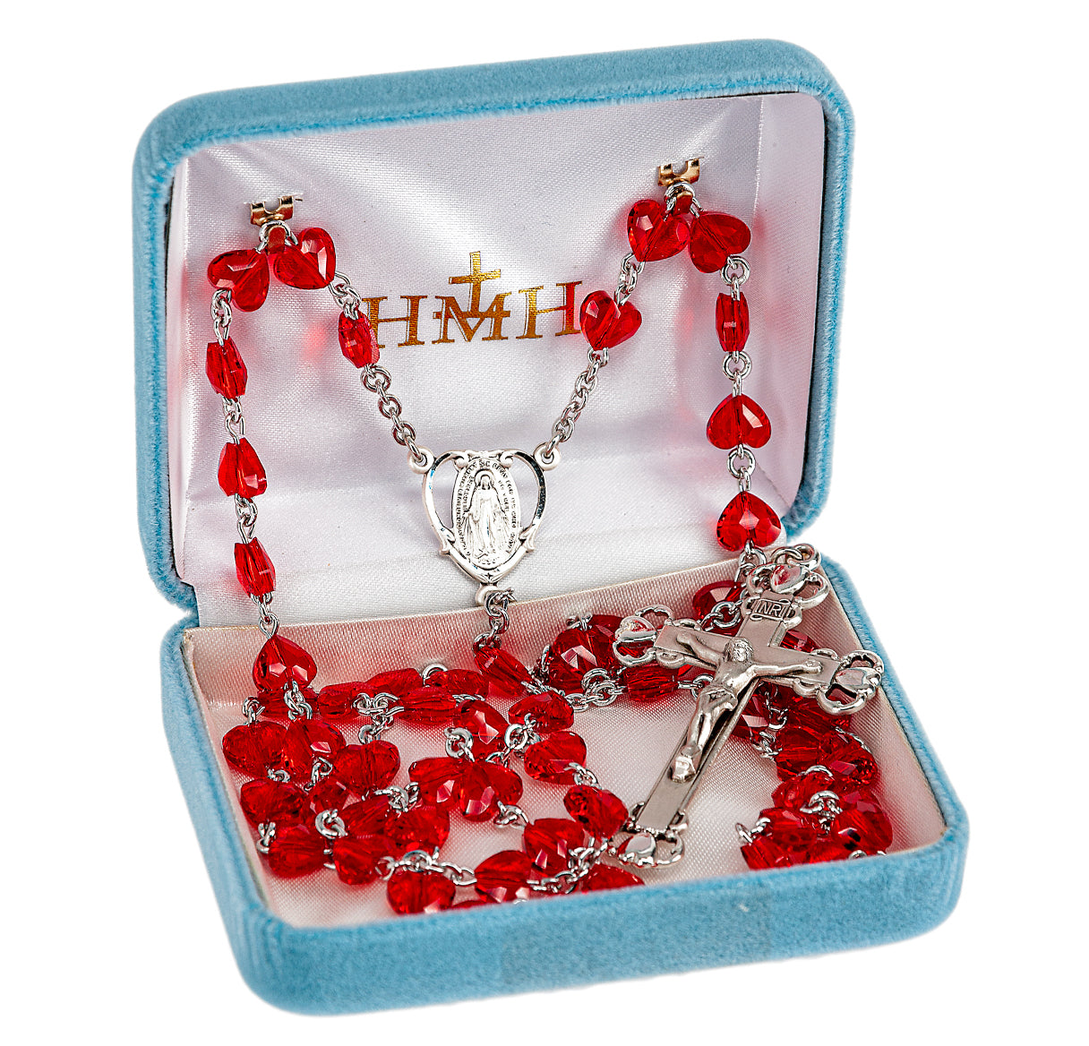 8mm Crystals by Swarovski® Crystal Red Heart Beads Rosary With Sterling Silver Ctr & Cfx-(210/196)-Bxd