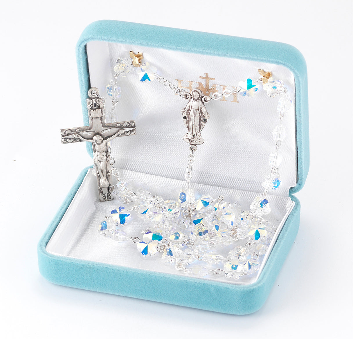 8mm Finest Crystal Flower Shaped Rosary w/Sterling Silver Ctr & Cfx-(315/148)-Bxd