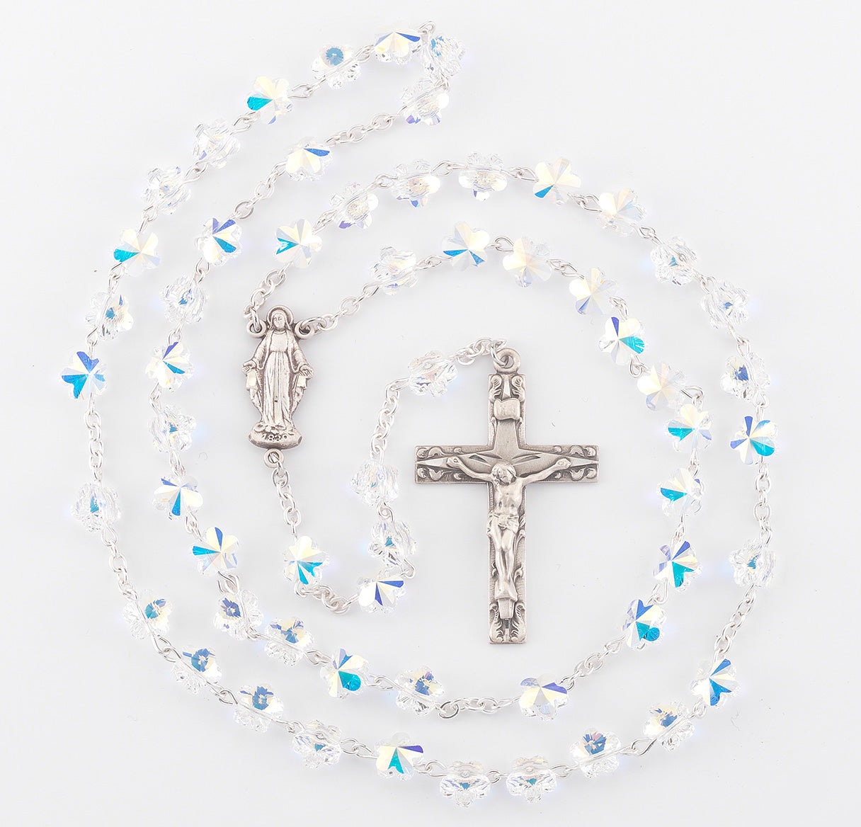 8mm Finest Crystal Flower Shaped Rosary w/Sterling Silver Ctr & Cfx-(315/148)-Bxd