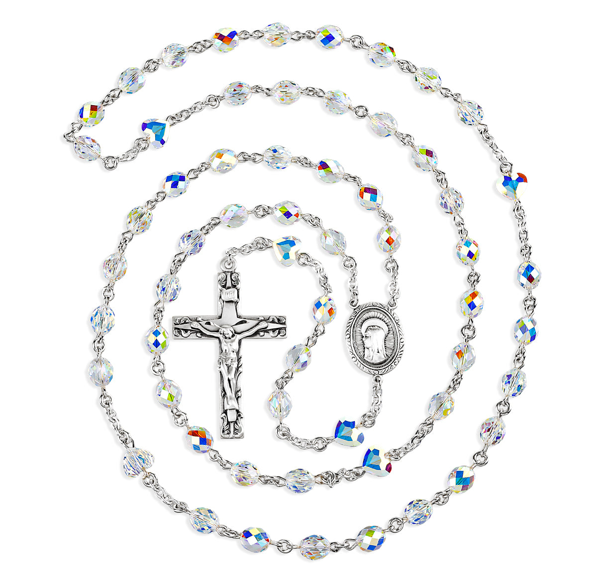 Crystals by Swarovski® Austrian Crystal AB Plated Rosary Handmade of 7x6mm Faceted Egg Bead W/ Sterling Mirac & Cfx-(368/148)-Bxd