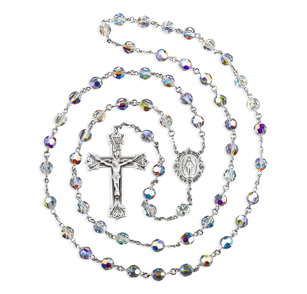 8mm Crystals by Swarovski® Crystal (AB) Rosary w/Sterling Silver Ctr & Cfx-(212/109)-Bxd