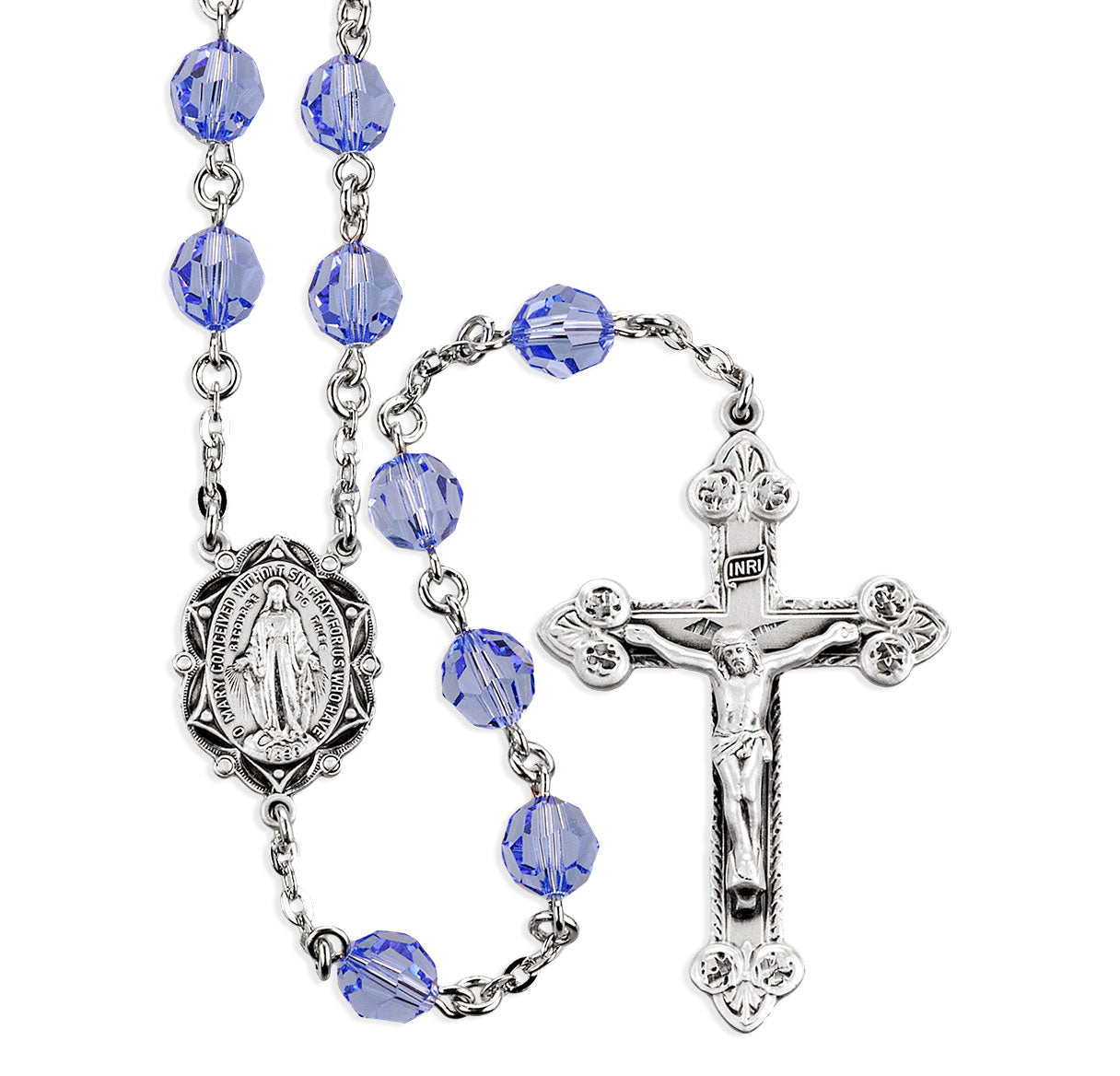 8mm Crystals by Swarovski® Light Sapphire (AB) Rosary w/Sterling Silver Ctr & Cfx-(95/186)-Bxd
