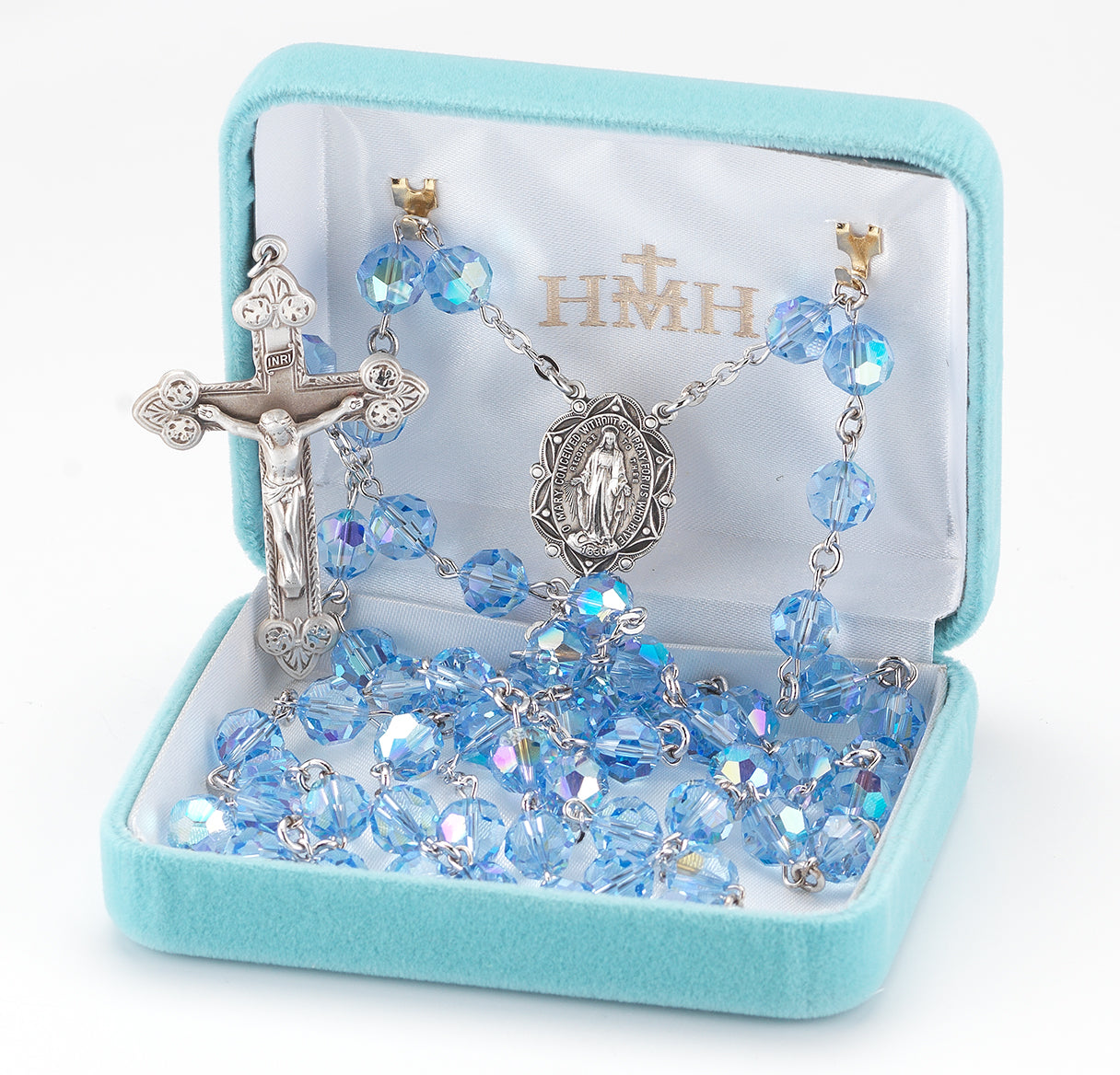 8mm Crystals by Swarovski® Light Sapphire (AB) Rosary w/Sterling Silver Ctr & Cfx-(95/186)-Bxd