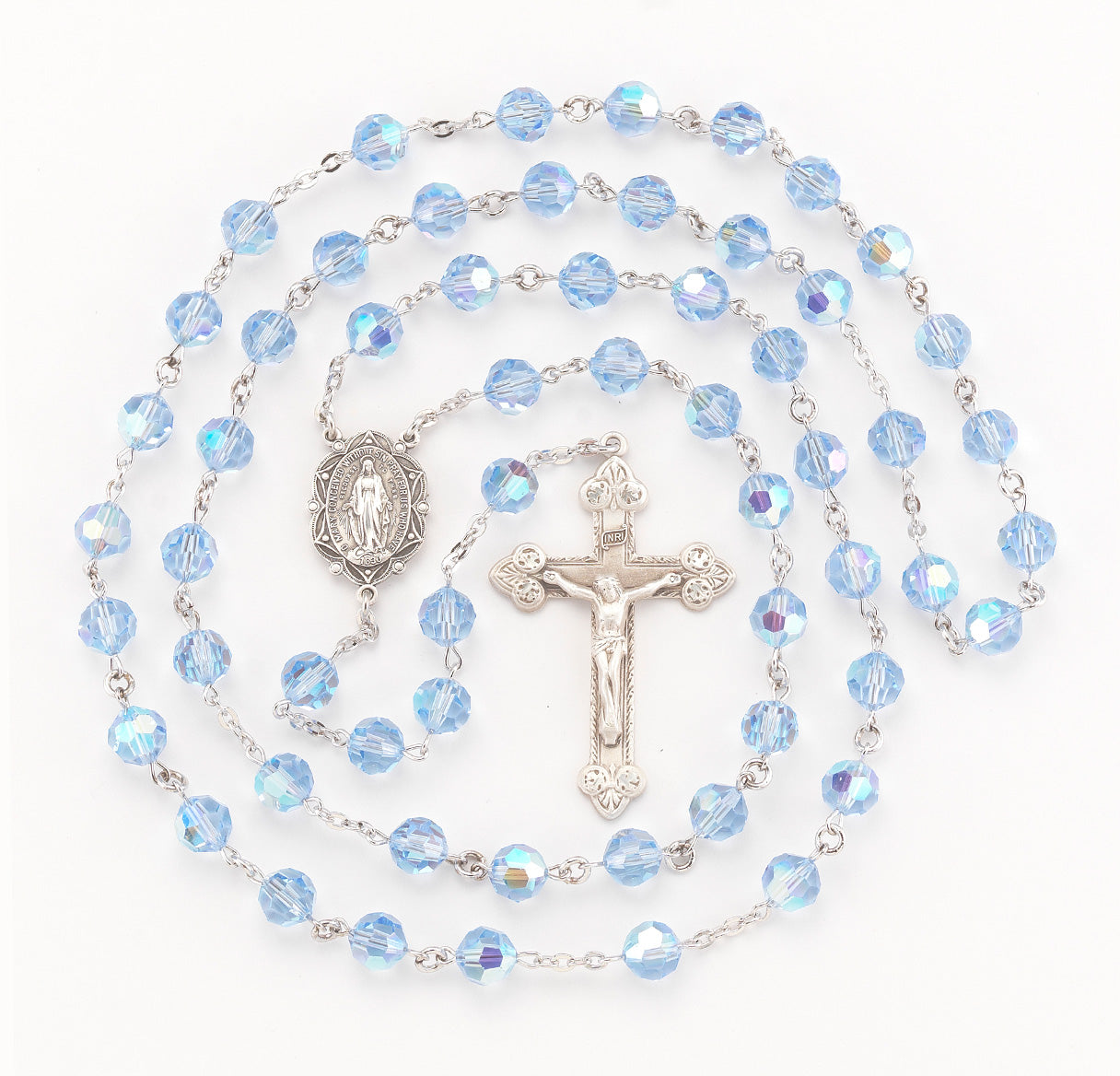 8mm Crystals by Swarovski® Light Sapphire (AB) Rosary w/Sterling Silver Ctr & Cfx-(95/186)-Bxd