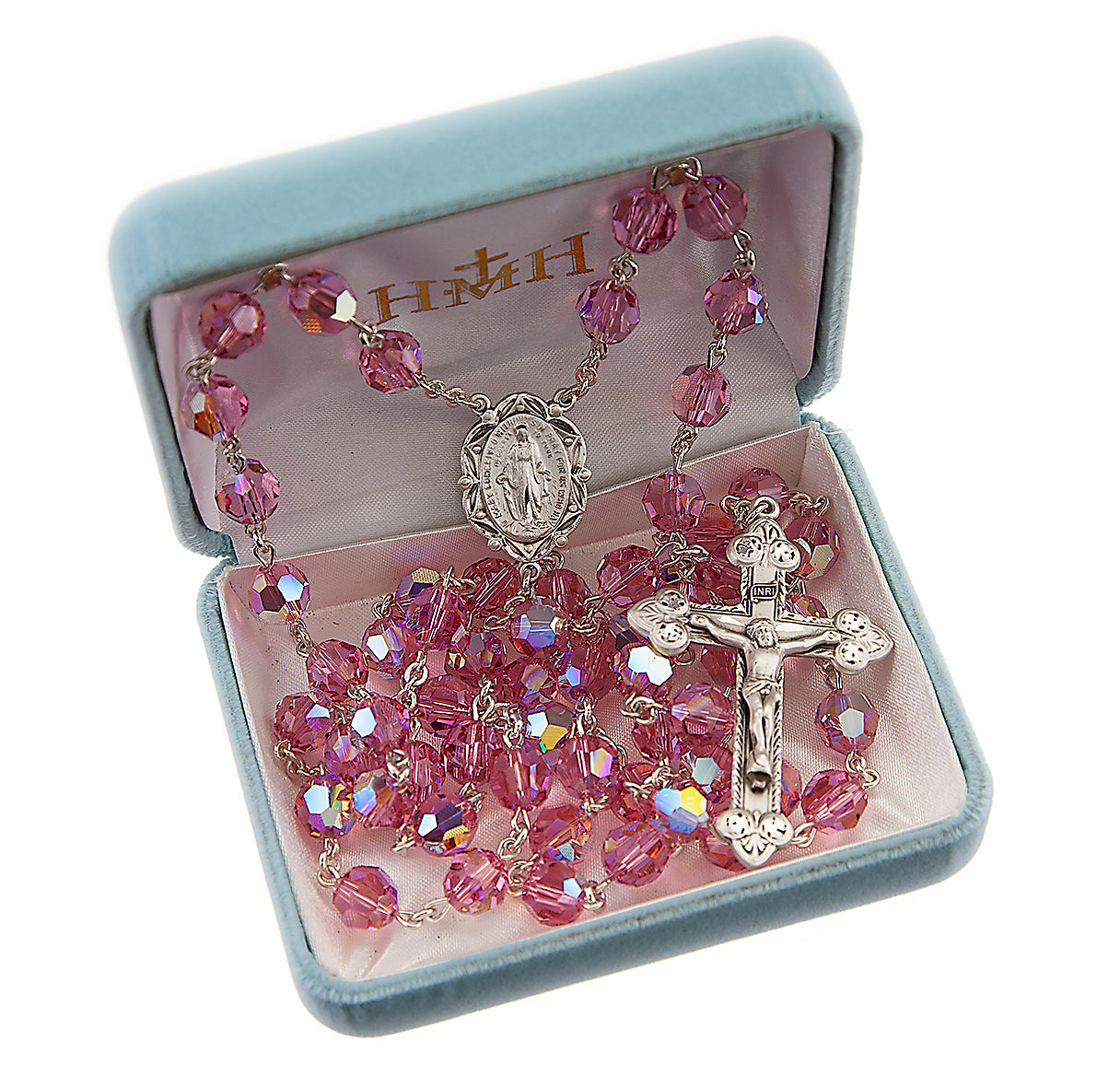 8mm Pink Crystals by Swarovski® (AB) Rosary w/Sterling Silver Ctr & Cfx-(95/186)-Bxd