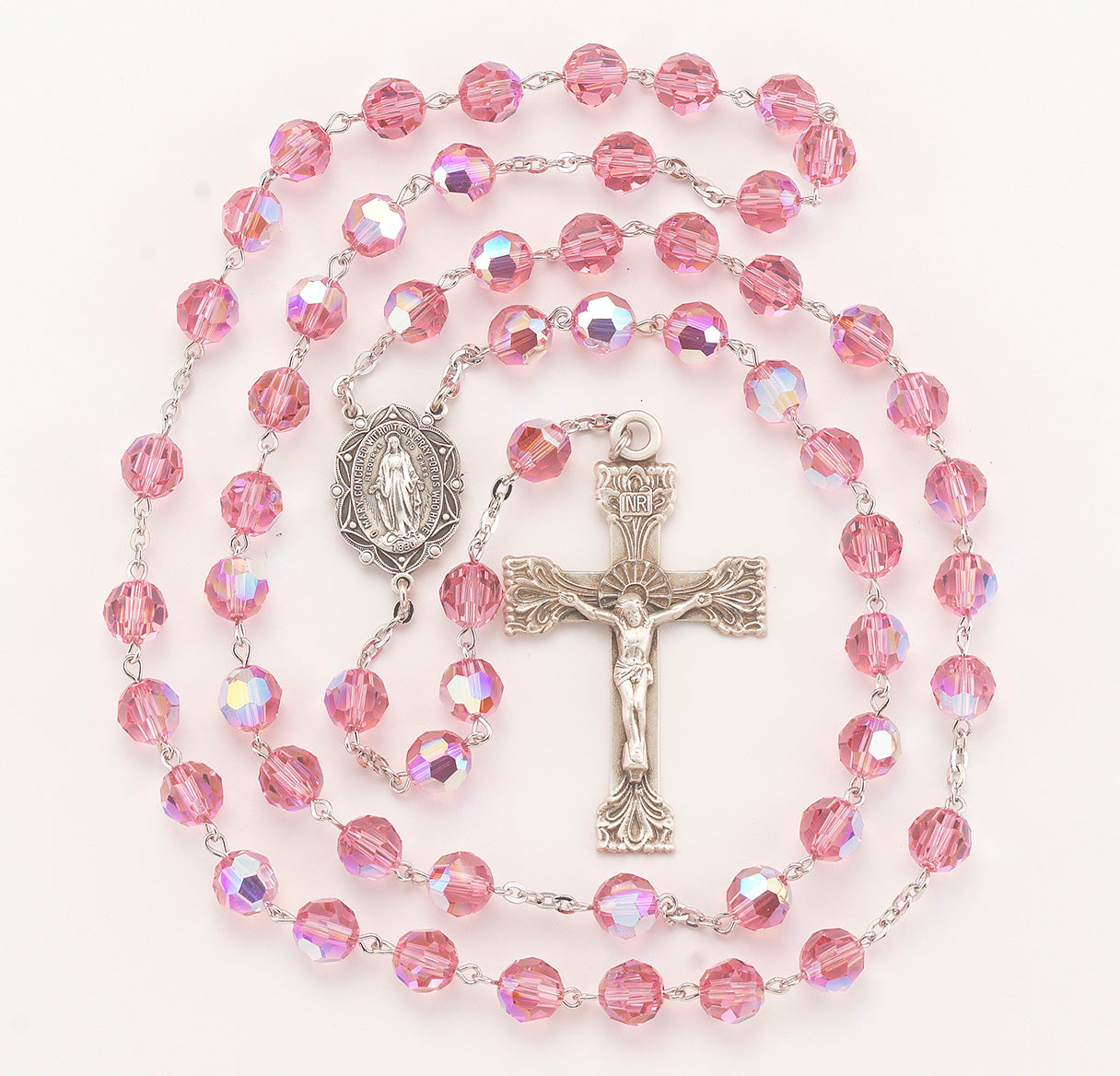 8mm Pink Crystals by Swarovski® (AB) Rosary w/Sterling Silver Ctr & Cfx-(95/186)-Bxd