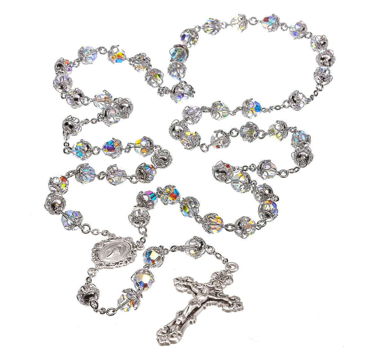 8mm Filigree Capped Crystal Crystals by Swarovski® Bead Rosary w/Sterling Silver Ctr & Cfx-(212/156)-Bxd