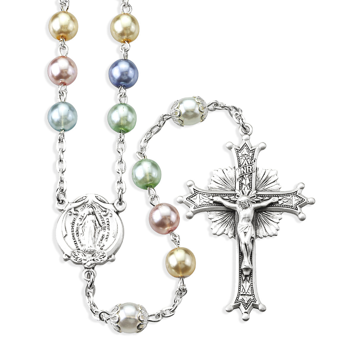 7mm Multi-Colored Pearl Glass Round Beads Rosary W/ Double Capped O.F. Bead & Sterling Cfx & Ctr-(82/178)-Bxd