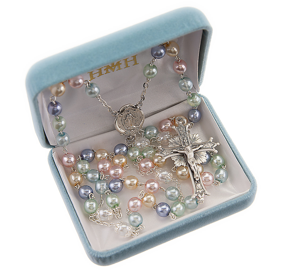 7mm Multi-Colored Pearl Glass Round Beads Rosary W/ Double Capped O.F. Bead & Sterling Cfx & Ctr-(82/178)-Bxd