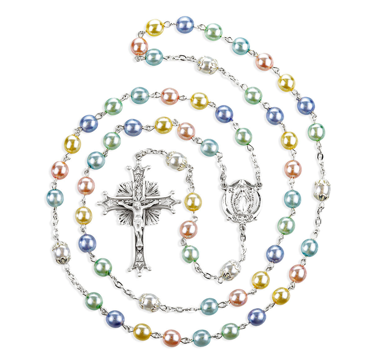 7mm Multi-Colored Pearl Glass Round Beads Rosary W/ Double Capped O.F. Bead & Sterling Cfx & Ctr-(82/178)-Bxd